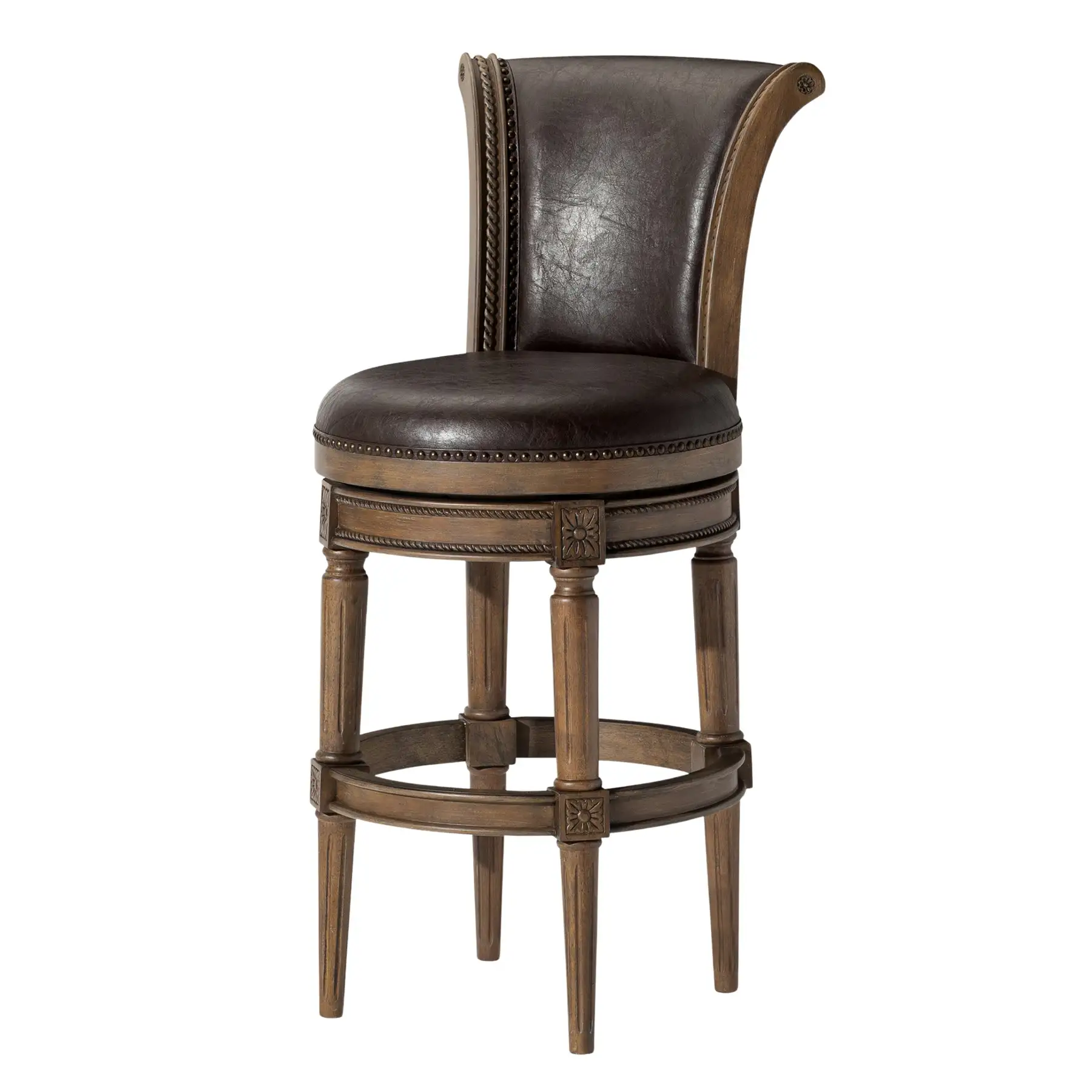 Maven Lane Pullman Bar Stool in Walnut Finish with Marksman Saddle Vegan Leather