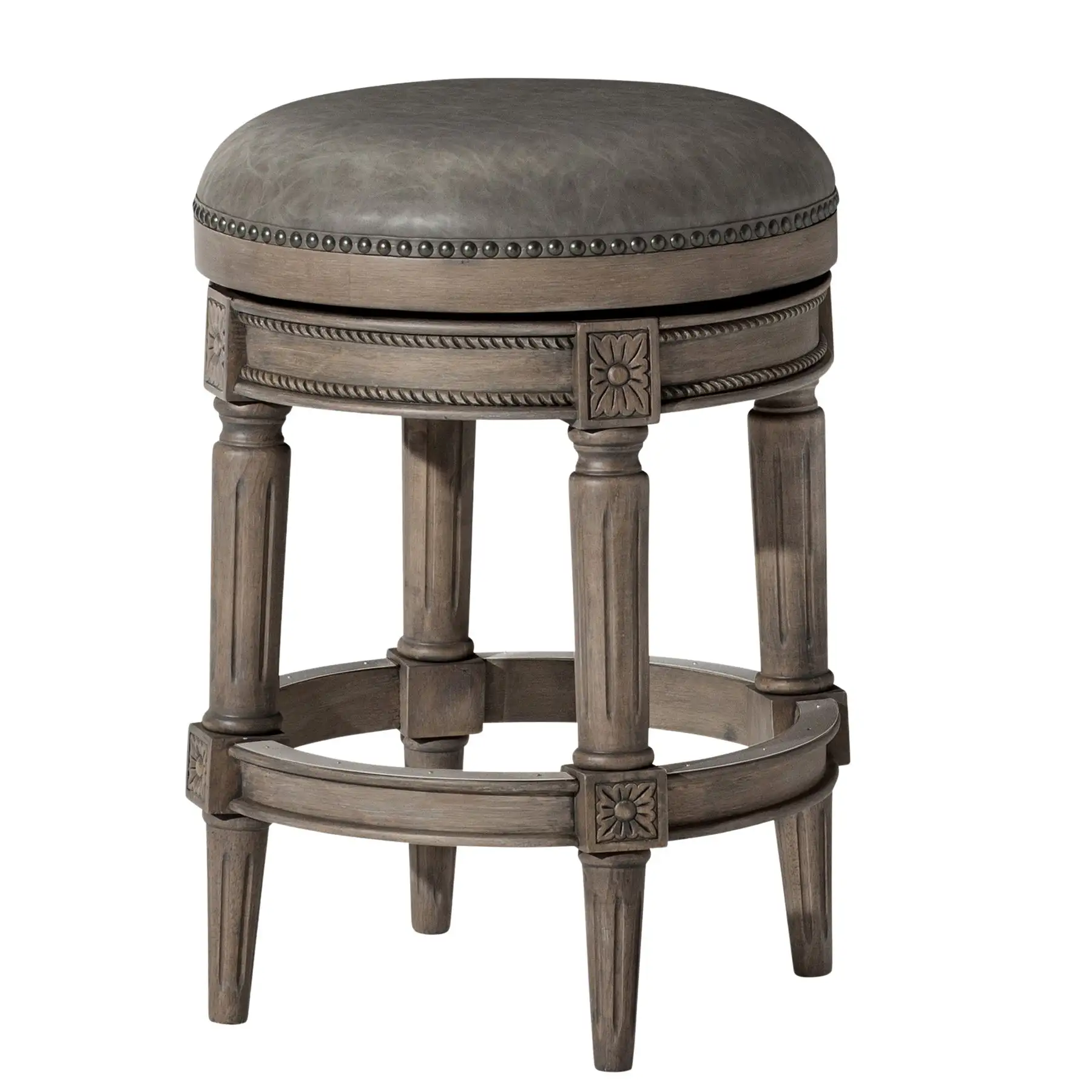 Maven Lane Pullman Backless Counter Stool, Reclaimed Oak w/ Ronan Stone Vegan Leather