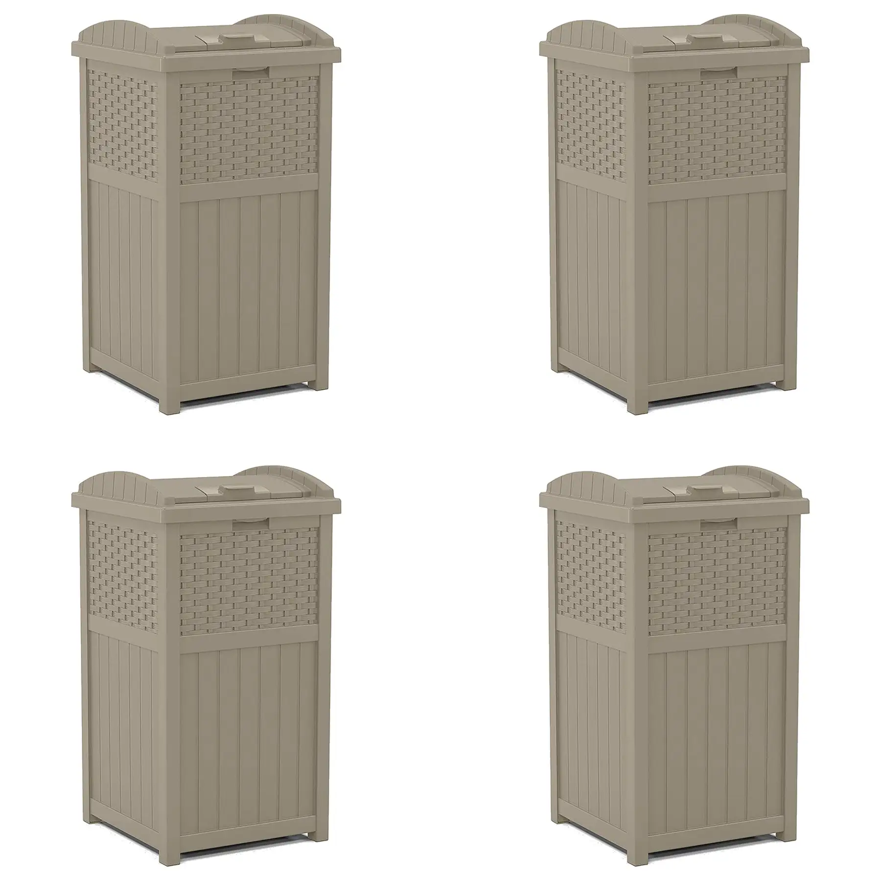 Suncast Wicker Plastic Hideaway Trash Can with Latching Lid, Dark Taupe (4 Pack)