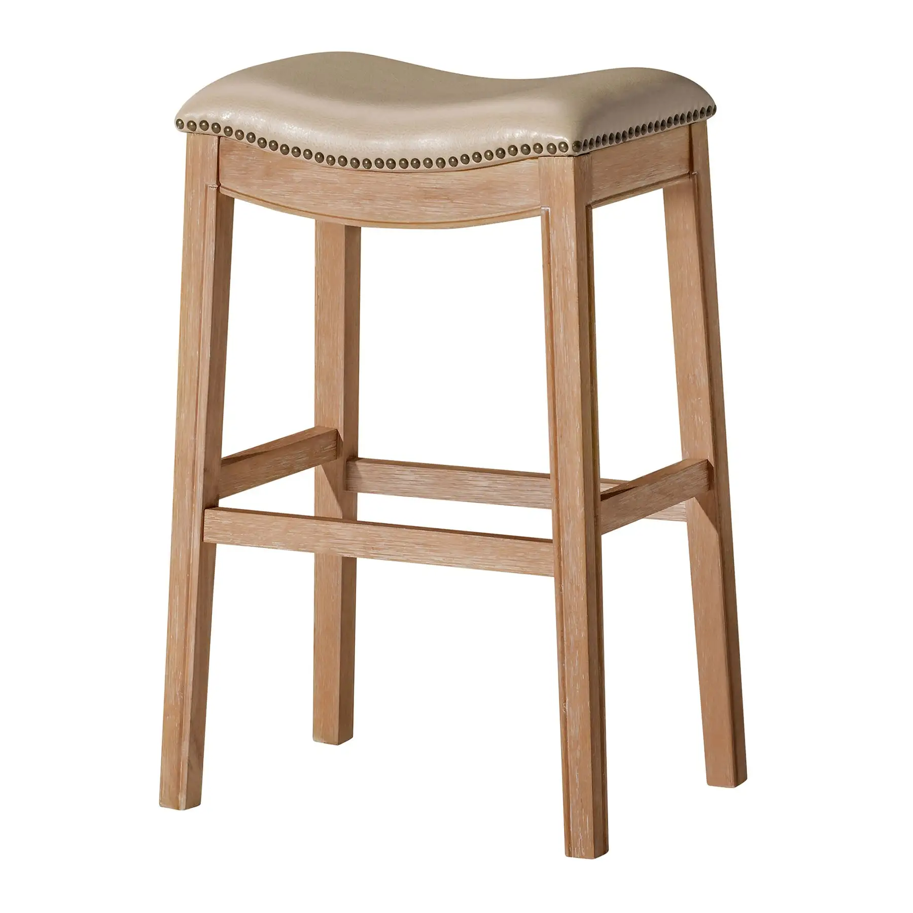 Maven Lane Adrien Saddle Barstool in Weathered Oak Finish w/ Avanti Bone Vegan Leather