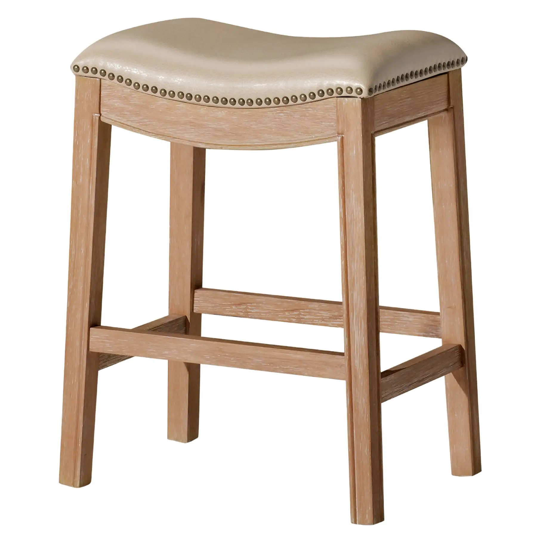 Maven Lane Adrien Saddle Counter Stool in Weathered Oak Finish w/ Avanti Bone Vegan Leather