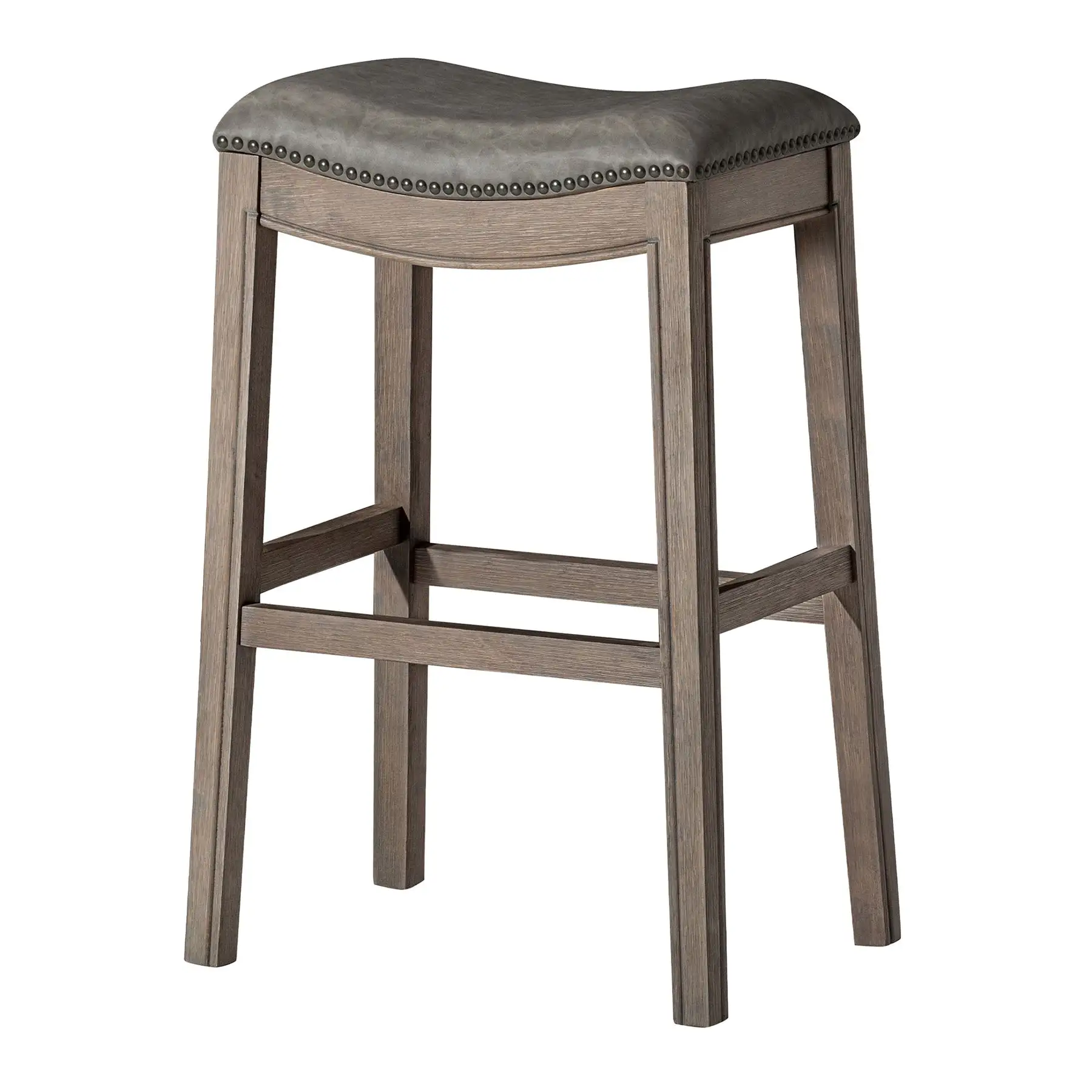 Maven Lane Adrien Saddle Barstool in Reclaimed Oak Finish w/ Ronan Stone Vegan Leather