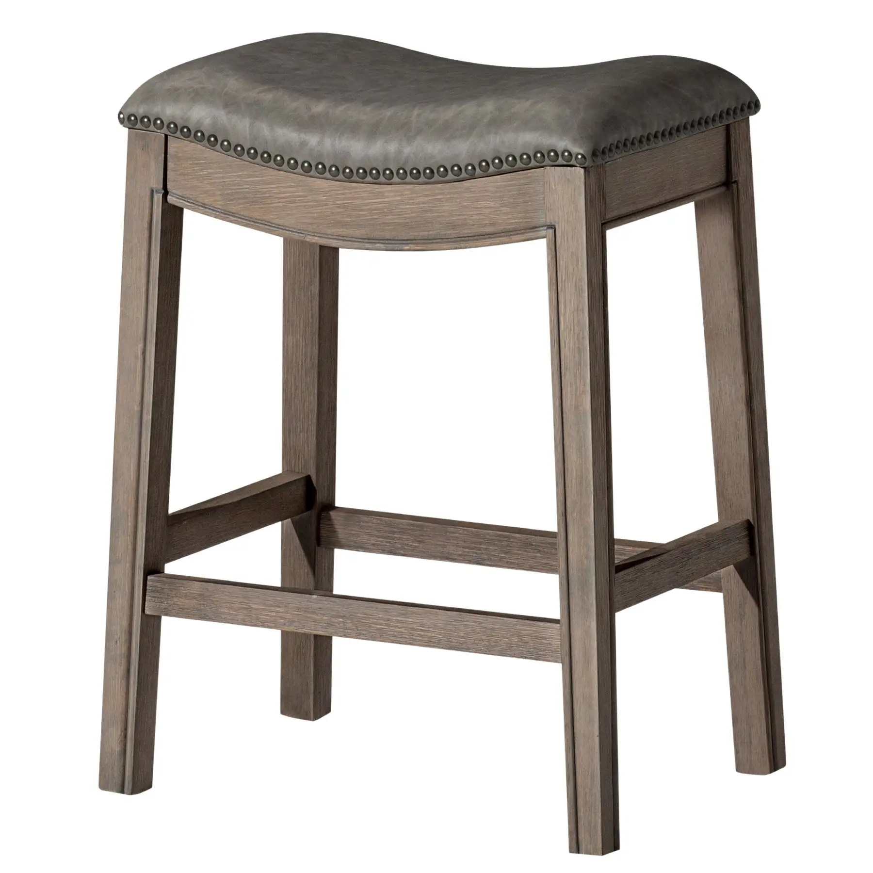 Maven Lane Adrien Saddle Counter Stool in Reclaimed Oak Finish w/ Ronan Stone Vegan Leather