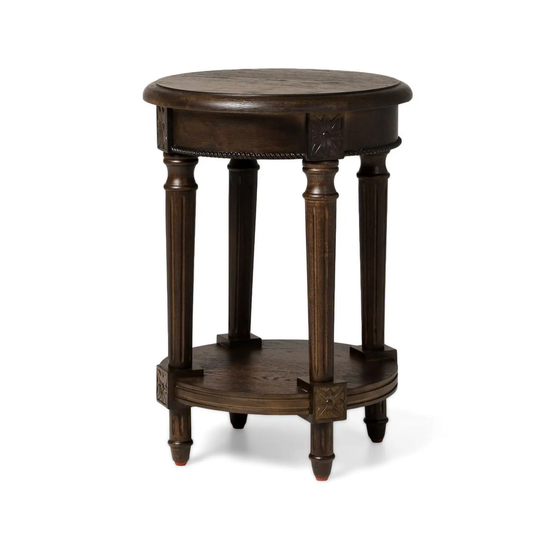 Maven Lane Pullman Traditional Round Wooden Side Table in Antiqued Brown Finish