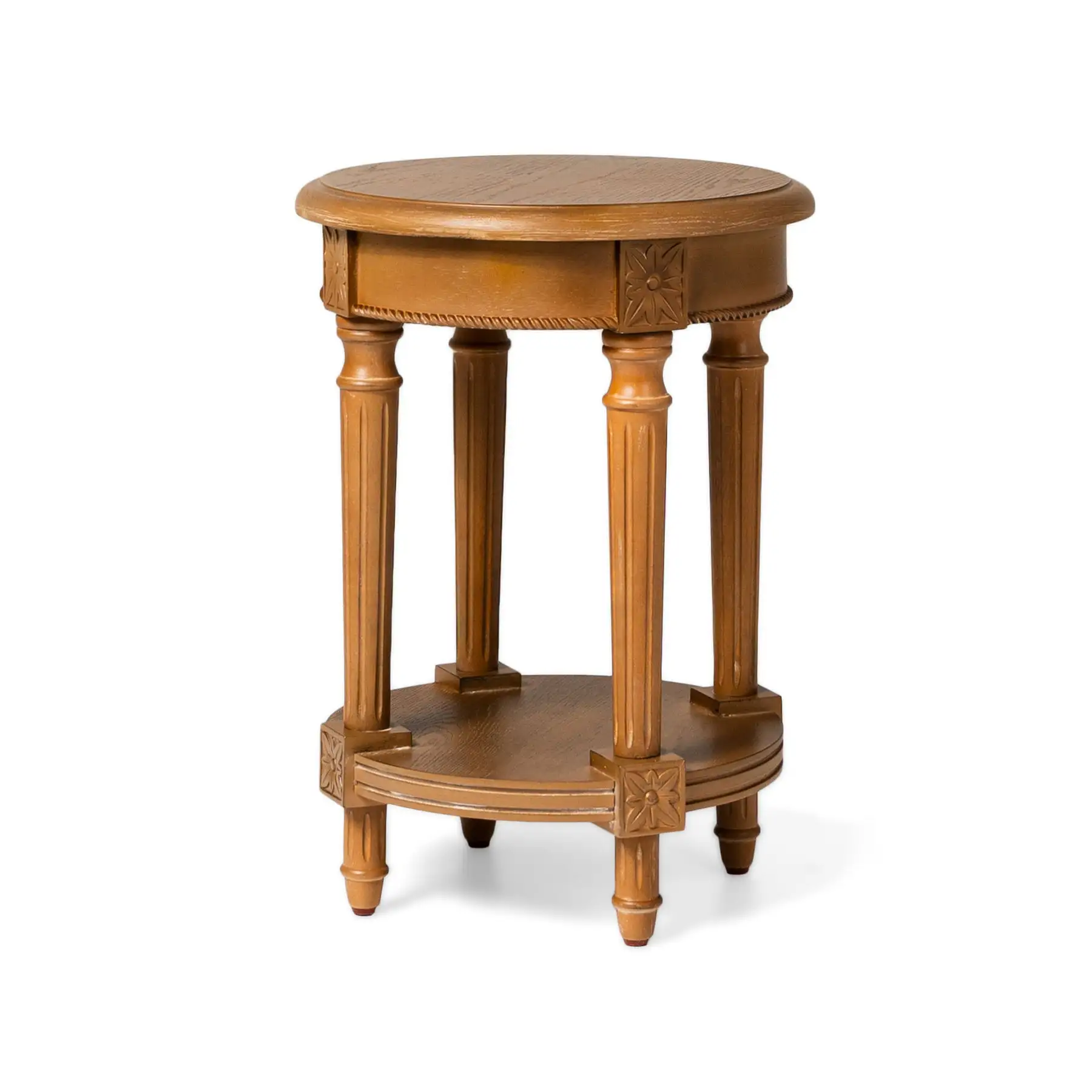 Maven Lane Pullman Traditional Round Wooden Side Table, Antiqued Natural Finish