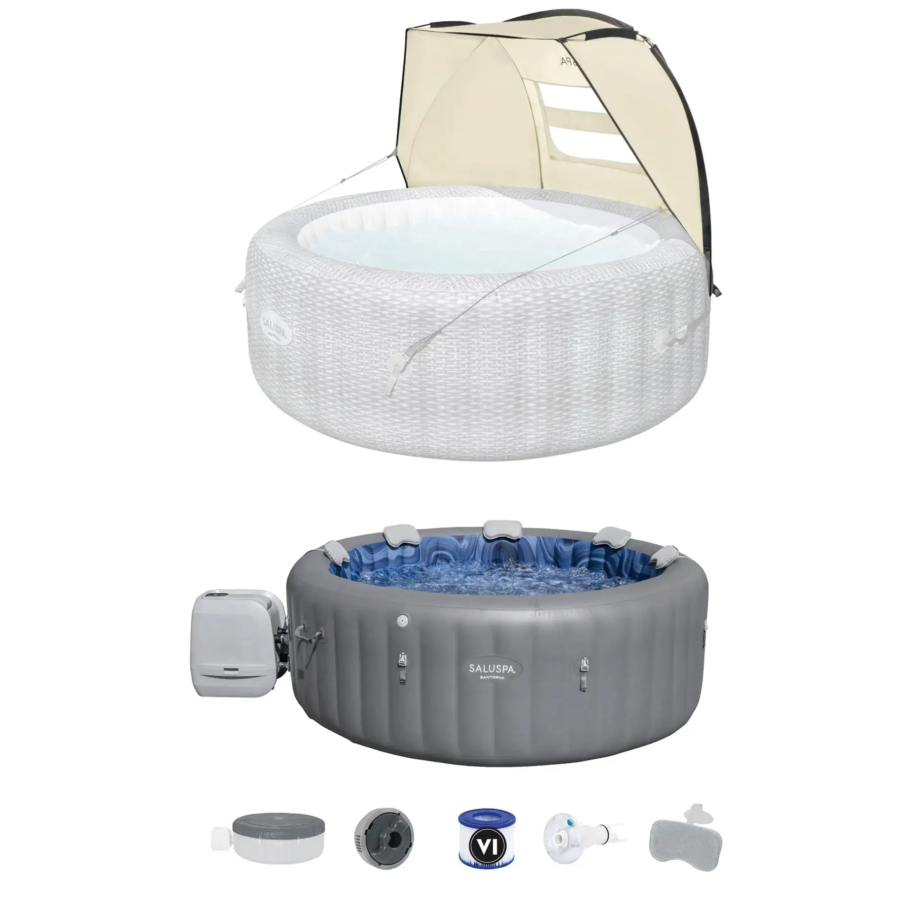 Bestway SaluSpa Sun Shade Canopy w/ Santorini SaluSpa Inflatable Outdoor Hot Tub