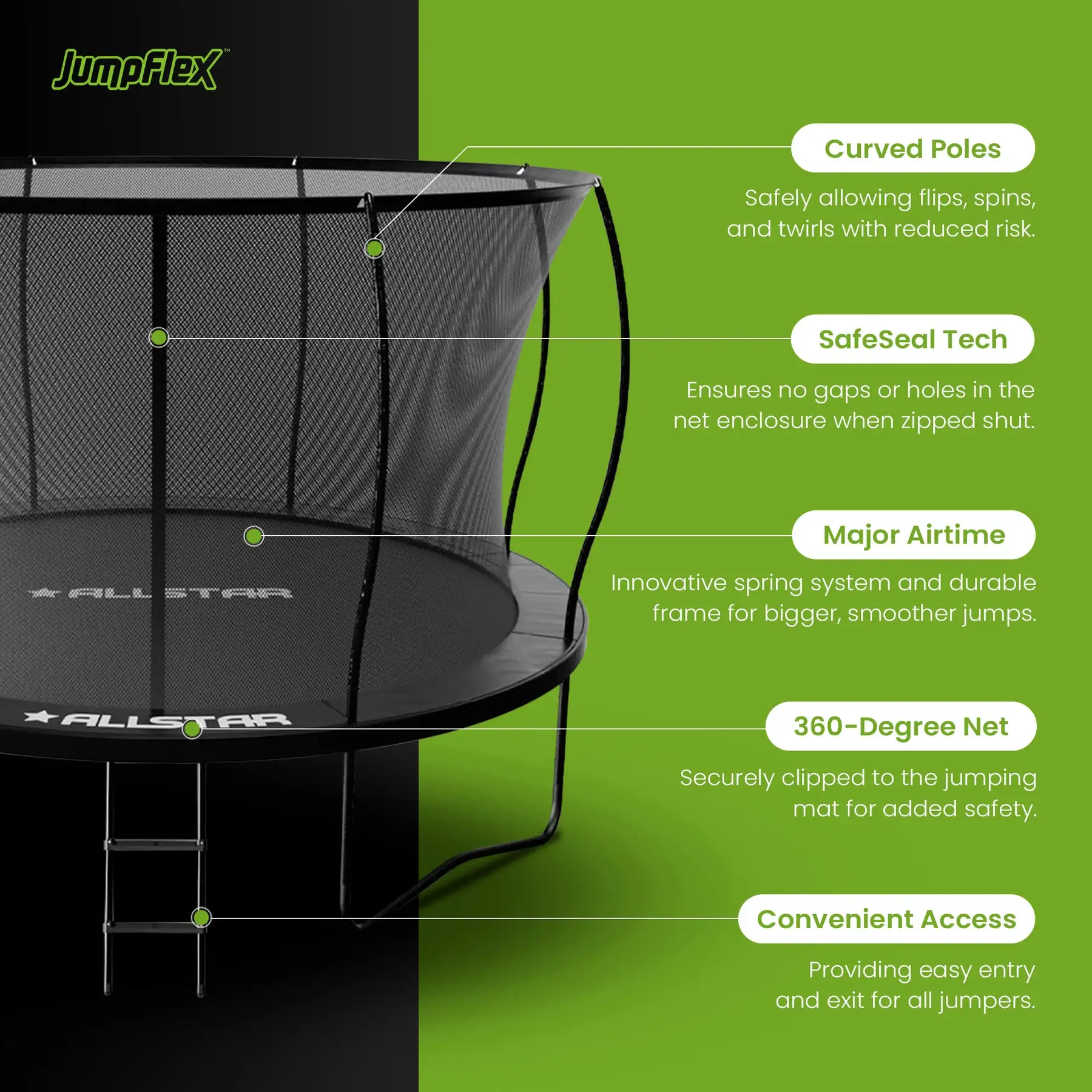 ALLSTAR 10' Trampoline for Kids Outdoor Backyard Play Equipment w/ Net & Ladder - Image 3