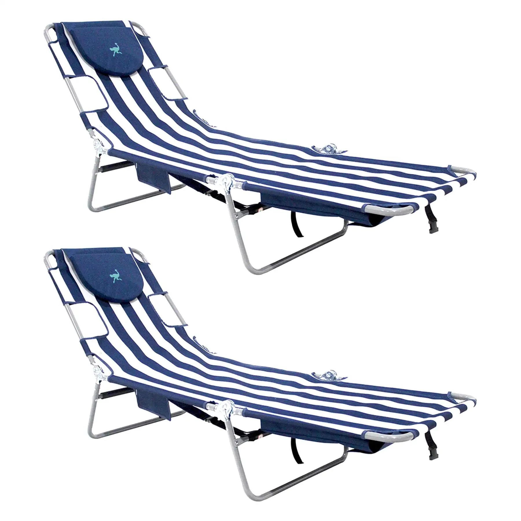 Ostrich Backpack Chaise Folding Lounge Chair w/Storage Bag, Navy Stripe (2 Pack)