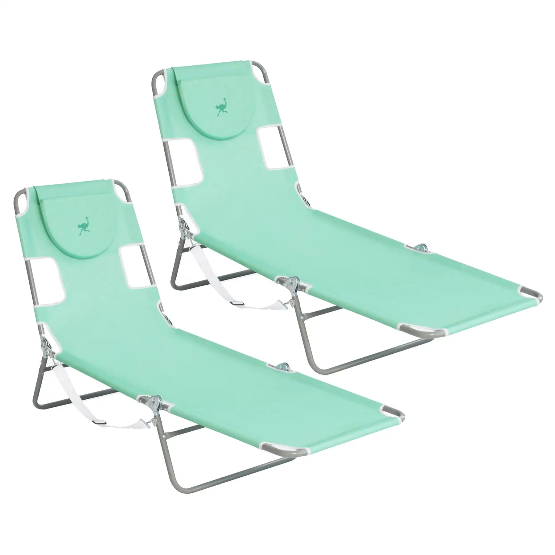 Ostrich Chaise Lounge Folding Sunbathing Recliner Beach Chair, Teal (2 Pack)