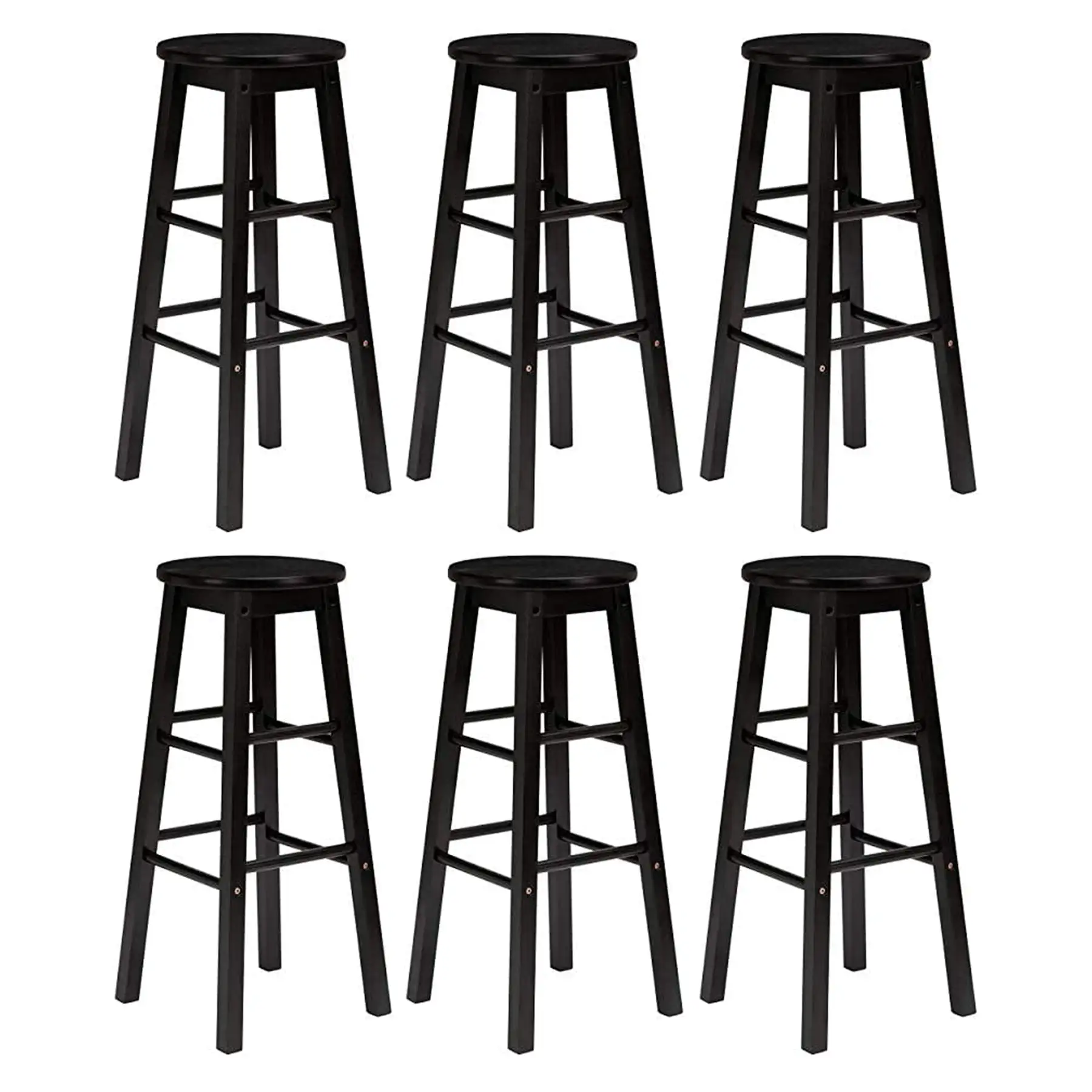 PJ Wood Classic Round Seat 24 Inch Kitchen and Counter Stools, Black (6 Pack)