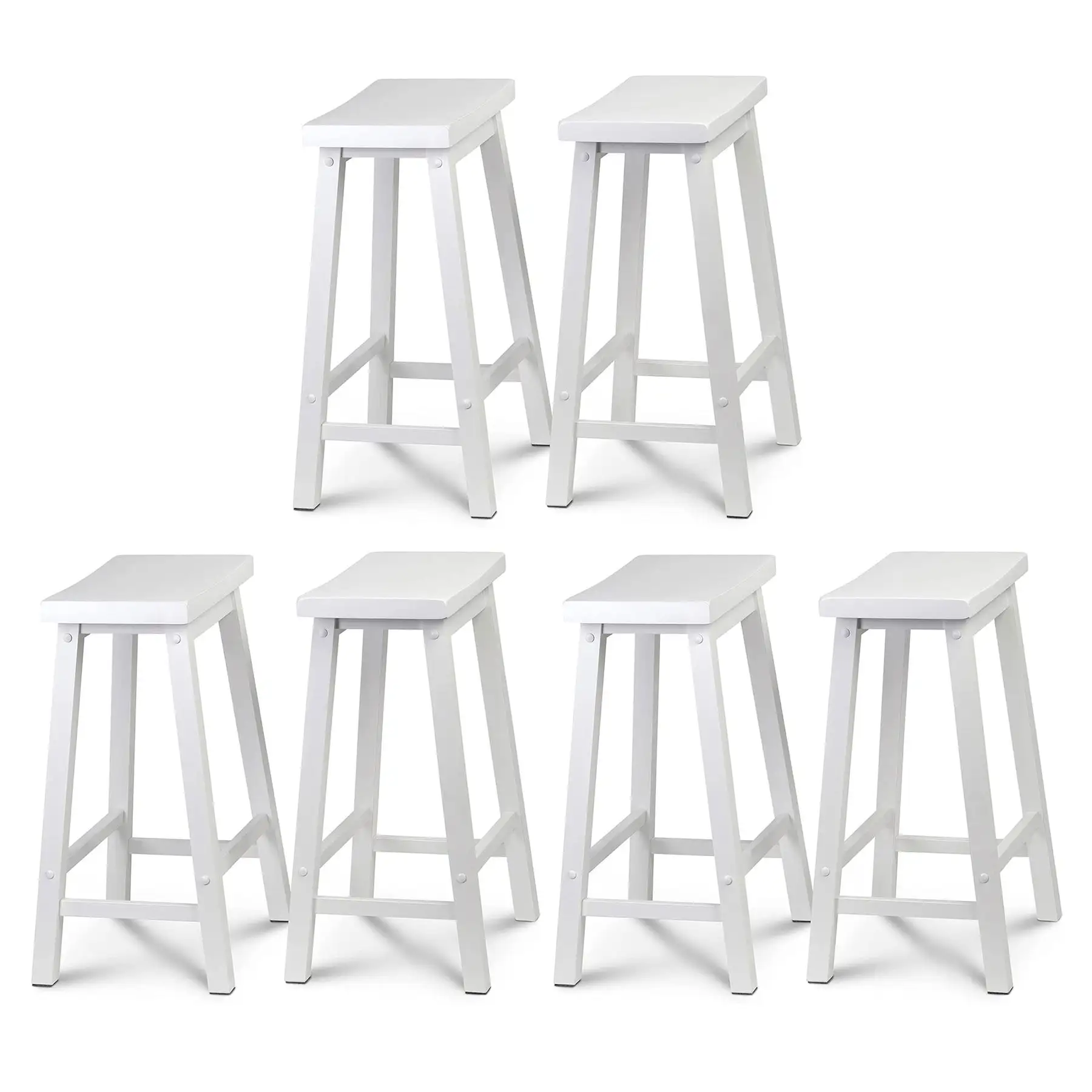 PJ Wood Classic Saddle Seat 24 Inch Tall Kitchen Counter Stools, White (6 Pack)