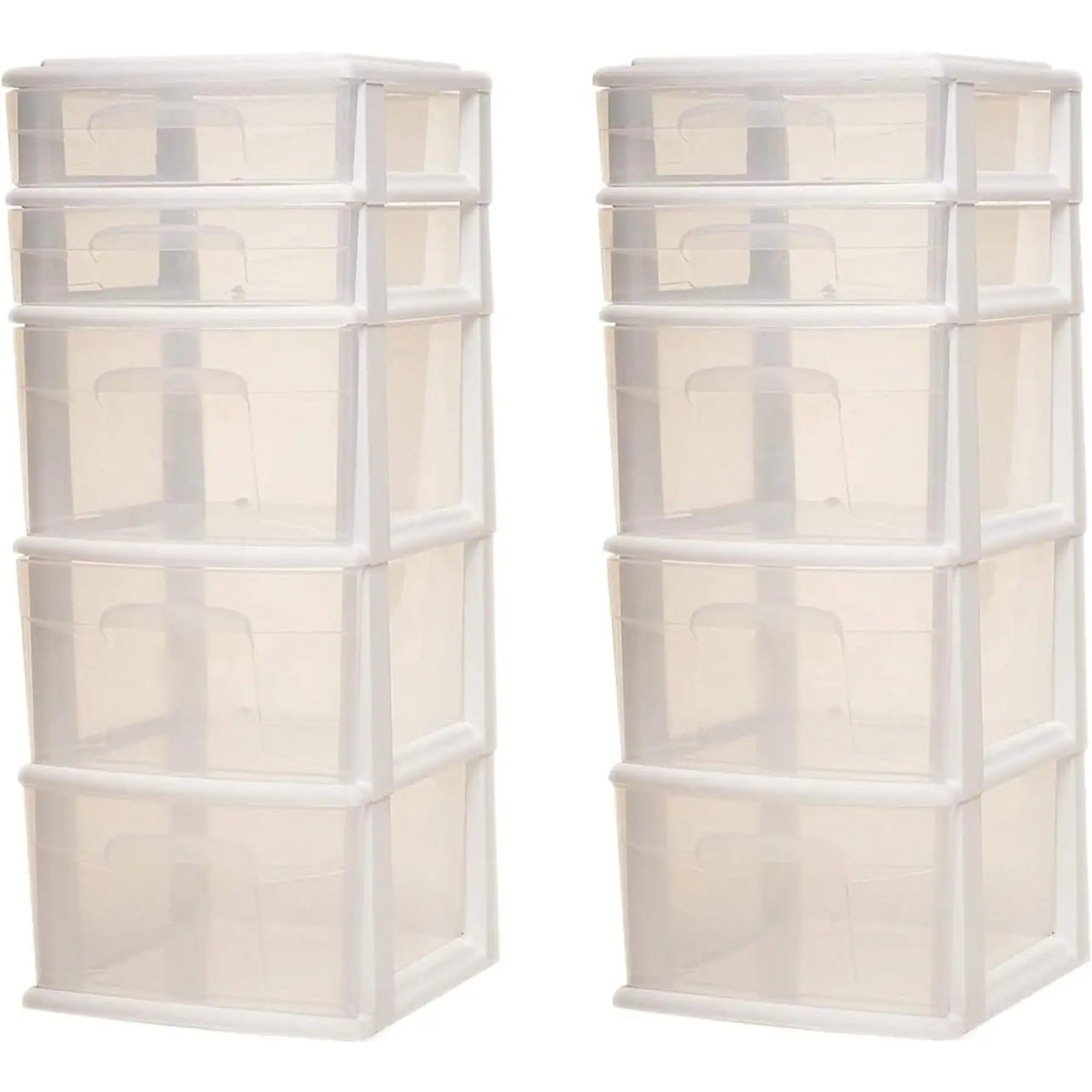 Homz Clear Plastic 5 Drawer Home Storage Container Tower, White Frame (2 Pack)