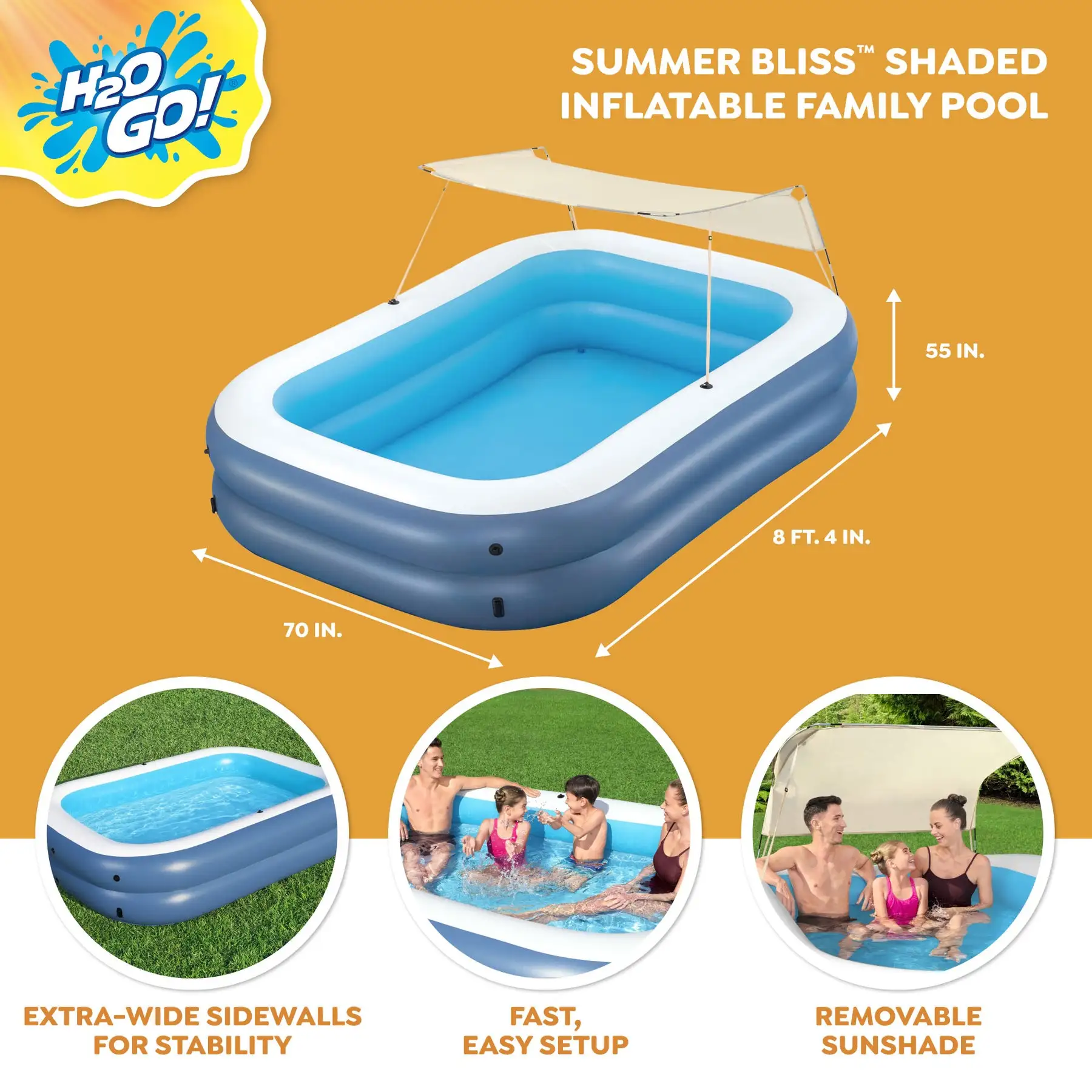 H2OGO! 8 Foot 4 In by 70 In Summer Bliss Shaded Inflatable Family Pool ...