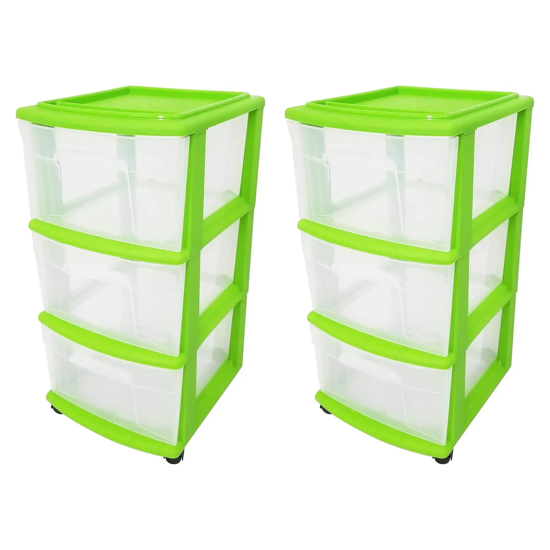 Homz 3 Drawer Medium Storage Container Tower, Clear Drawers/Lime Frame (2 Pack)