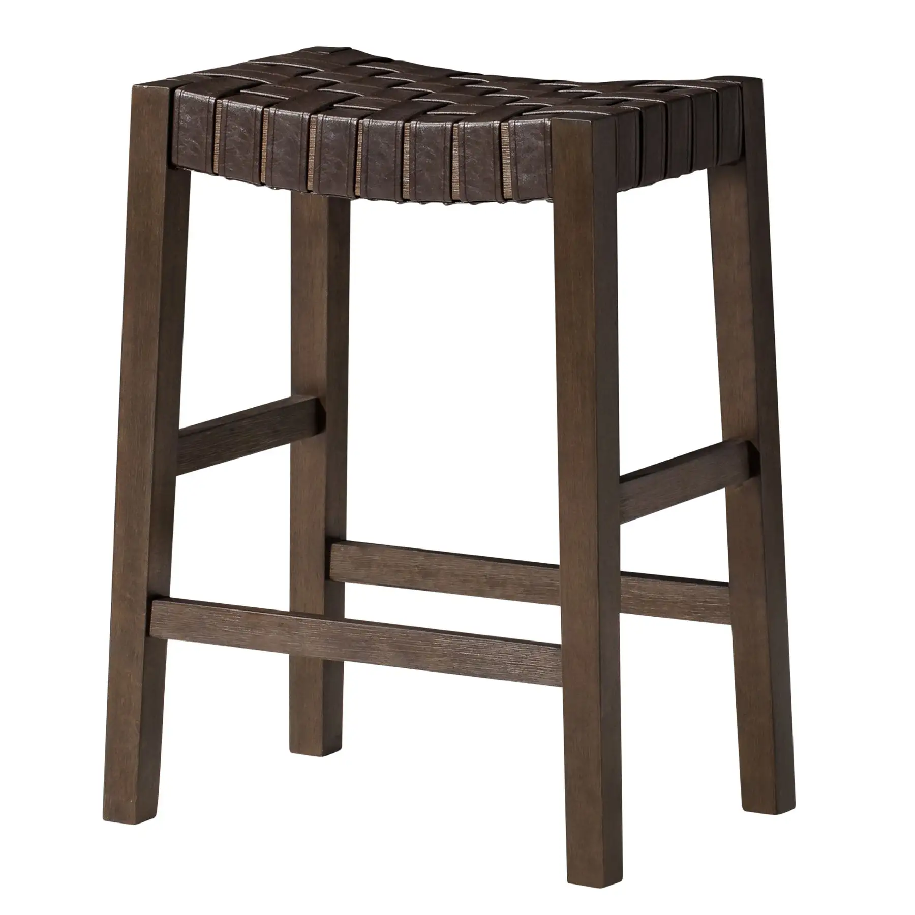 Maven Lane Emerson Counter Stool, Weathered Brown Wood Finish with Marksman Saddle Vegan Leather