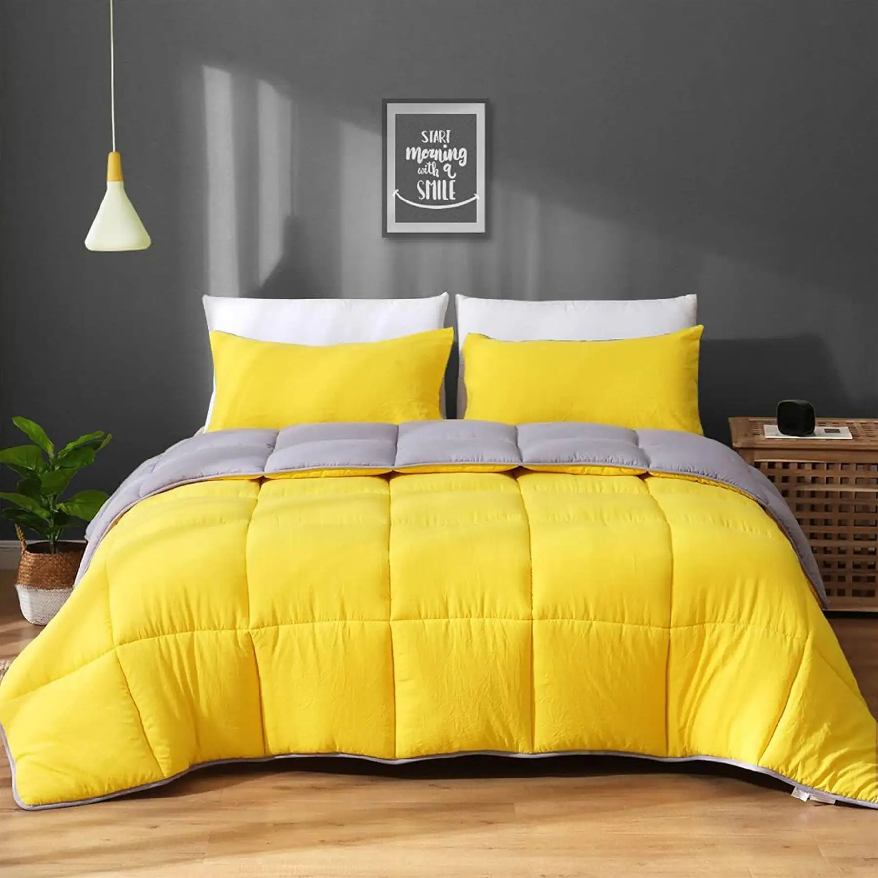 APSMILE Reversible King Ultra Soft Fluffy Microfiber Bed Comforter, Yellow/Gray