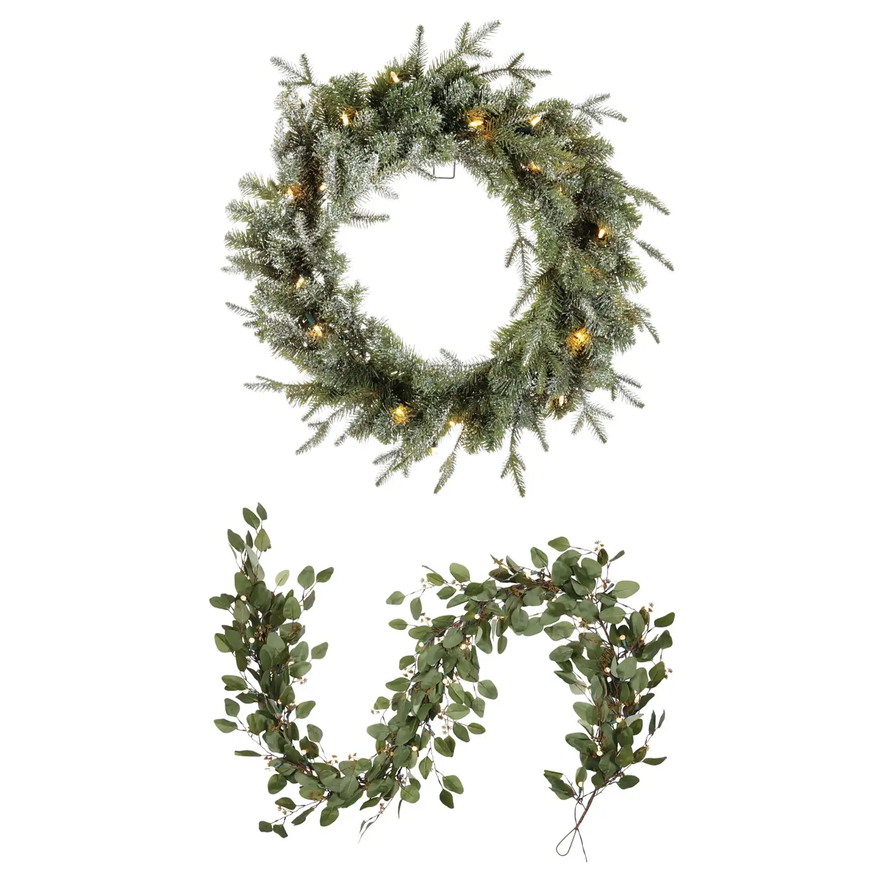 Noma 24" Pre-Lit Frosted Fir Artificial Wreath & 9' Garland Holiday Mantle Decor