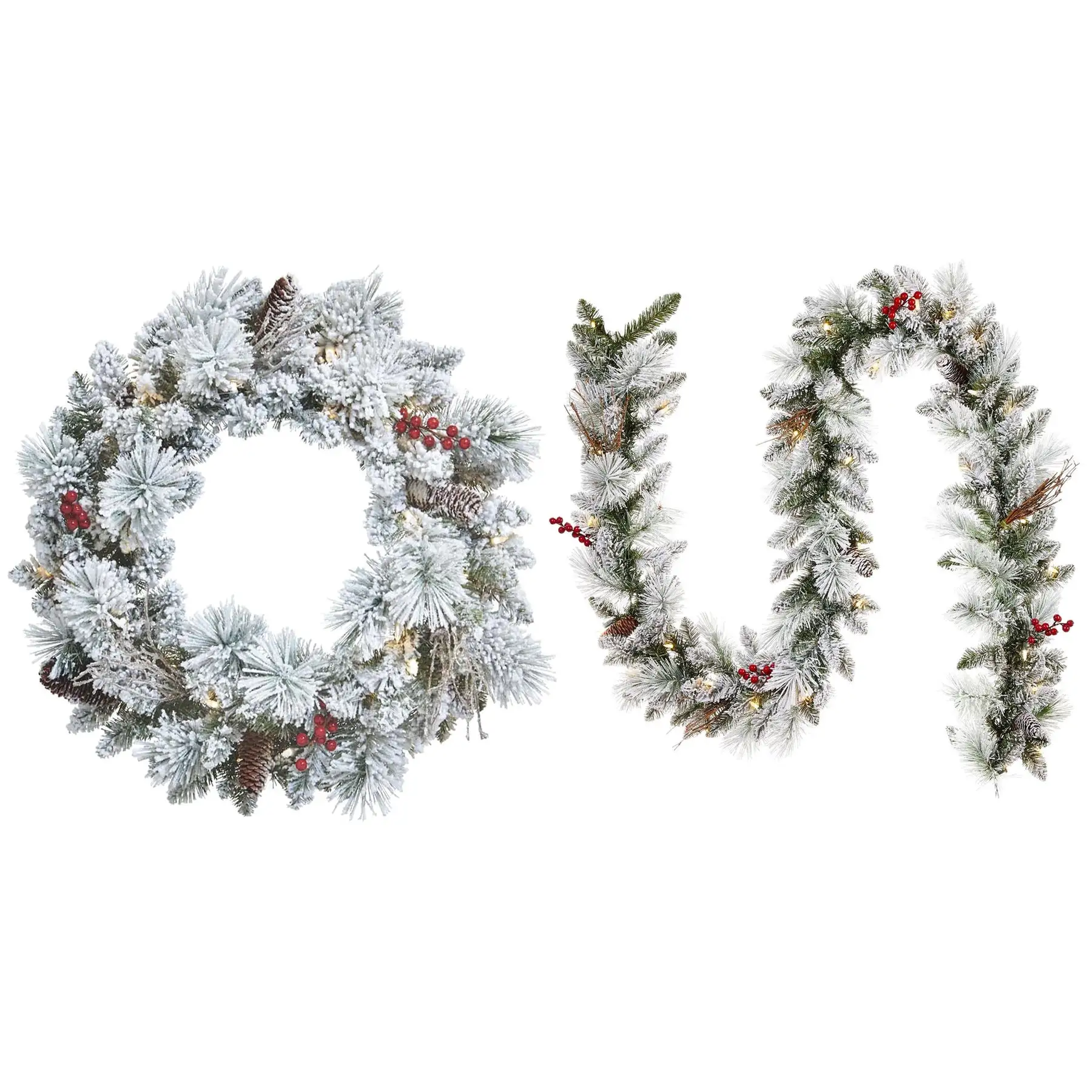 NOMA Snow Dusted Pre Lit Artificial Christmas Wreath with Berry Holiday Garland