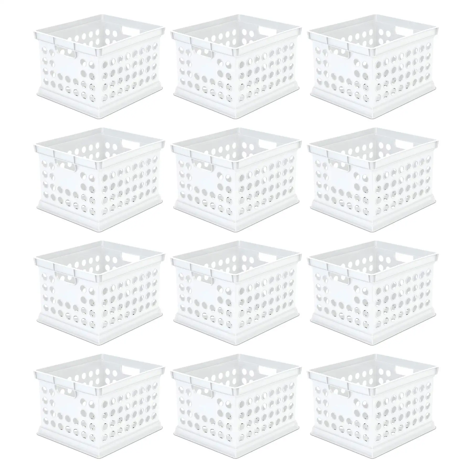 Sterilite Stackable Plastic Storage Open Crate Bin Organizer Box, White, 12-Pack