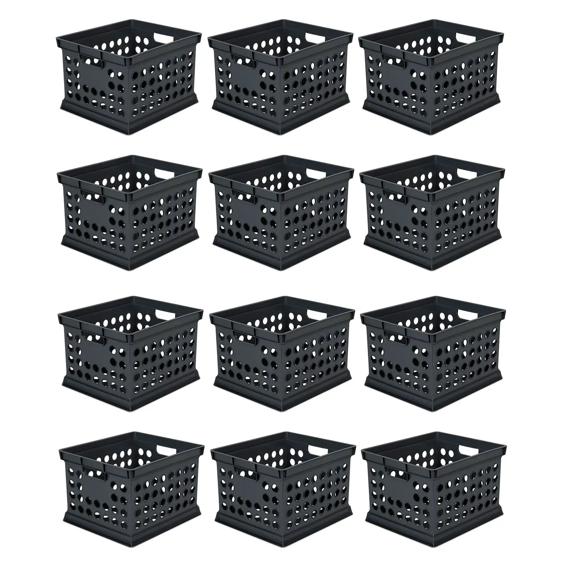 Sterilite Stackable Plastic Storage Open Crate Bin Organizer Box, Black, 12 Pack