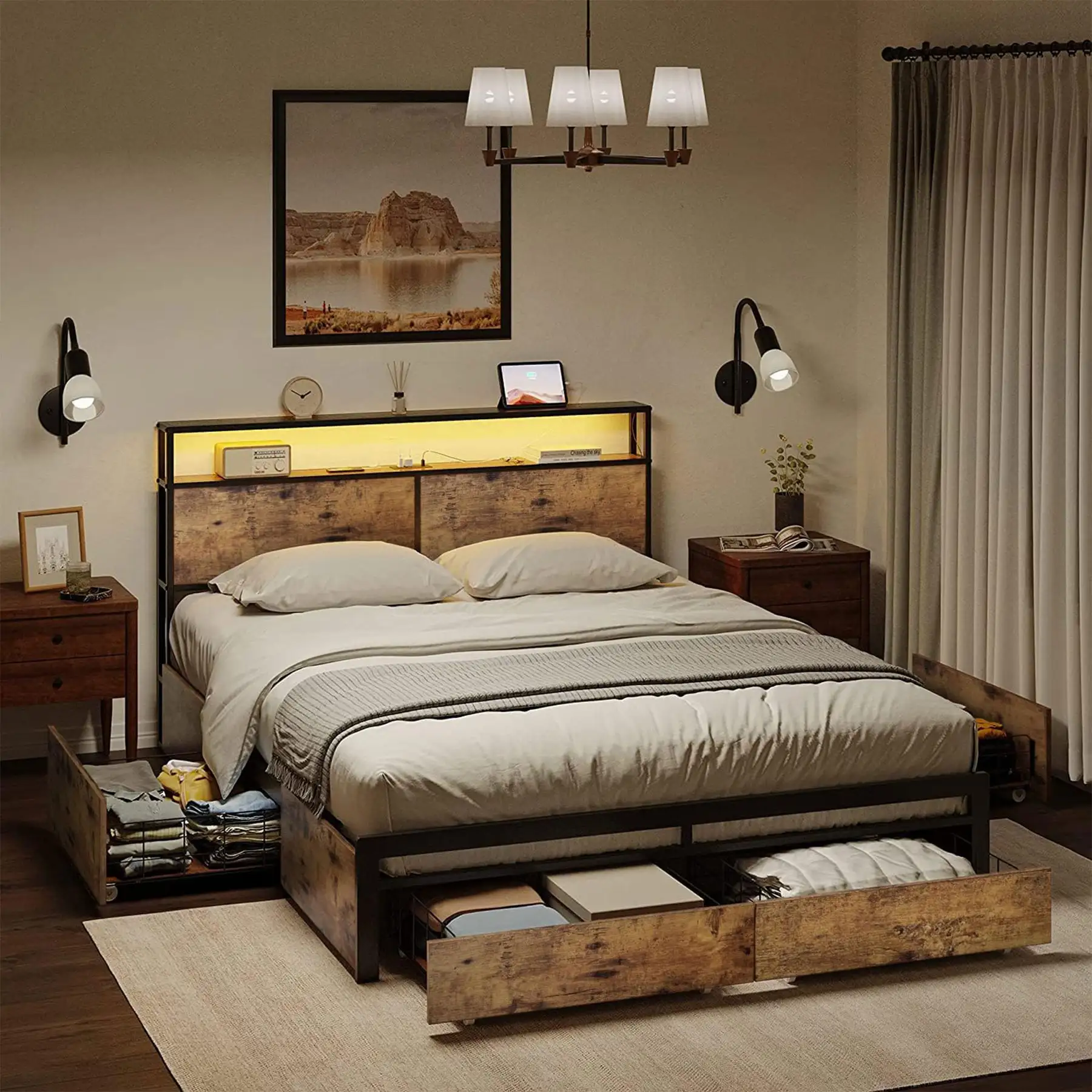 HAUSOURCE Full Bed Frame w/Built-In Storage Headboard, LED Lights, and 4 Drawers