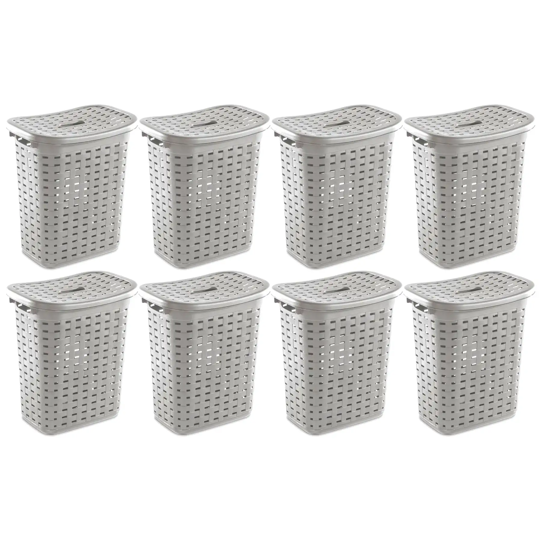 Sterilite Plastic Weave Laundry Hamper Slim Clothes Lidded Basket, Gray, 8-Pack