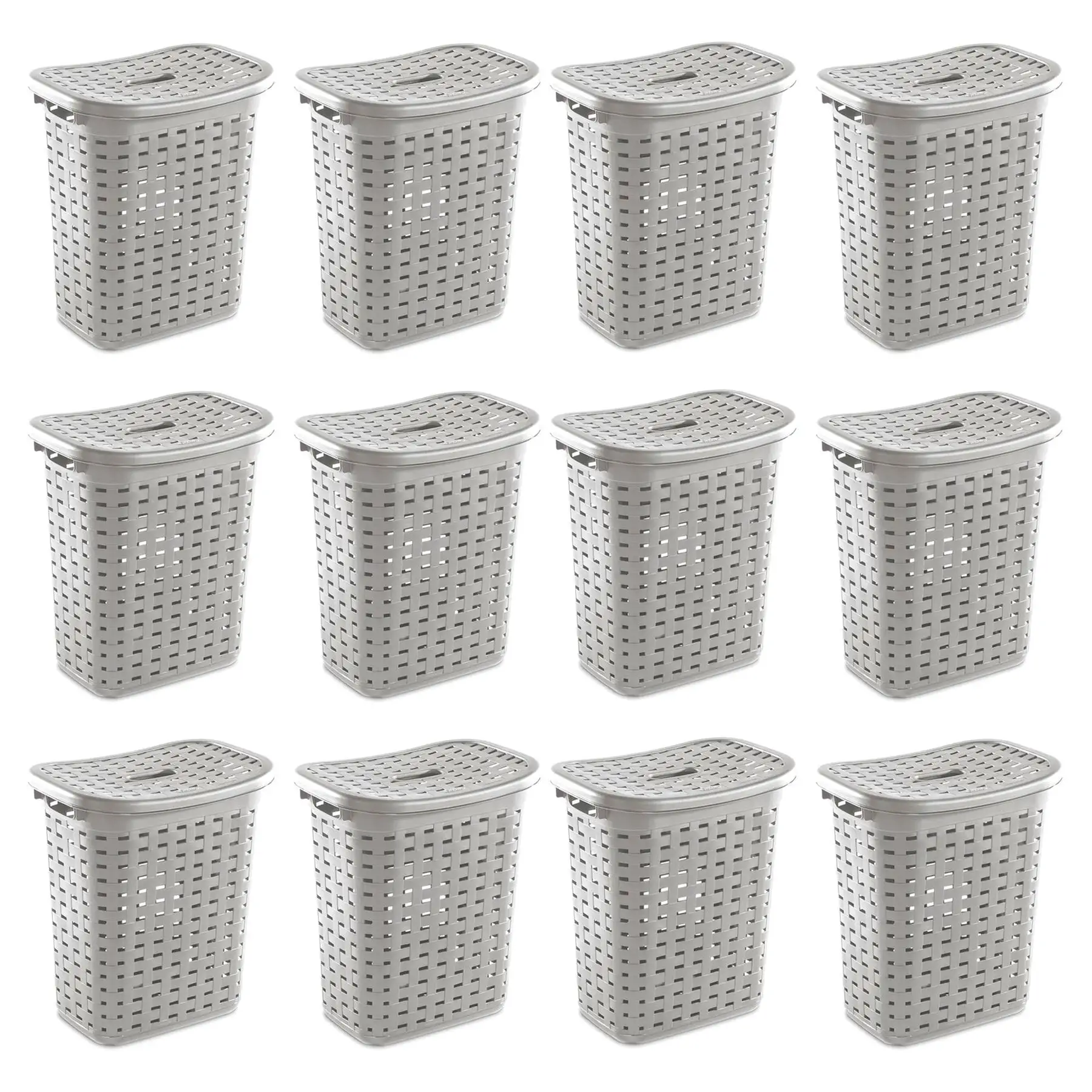 Sterilite Plastic Weave Laundry Hamper Slim Clothes Lidded Basket, Gray, 12-Pack