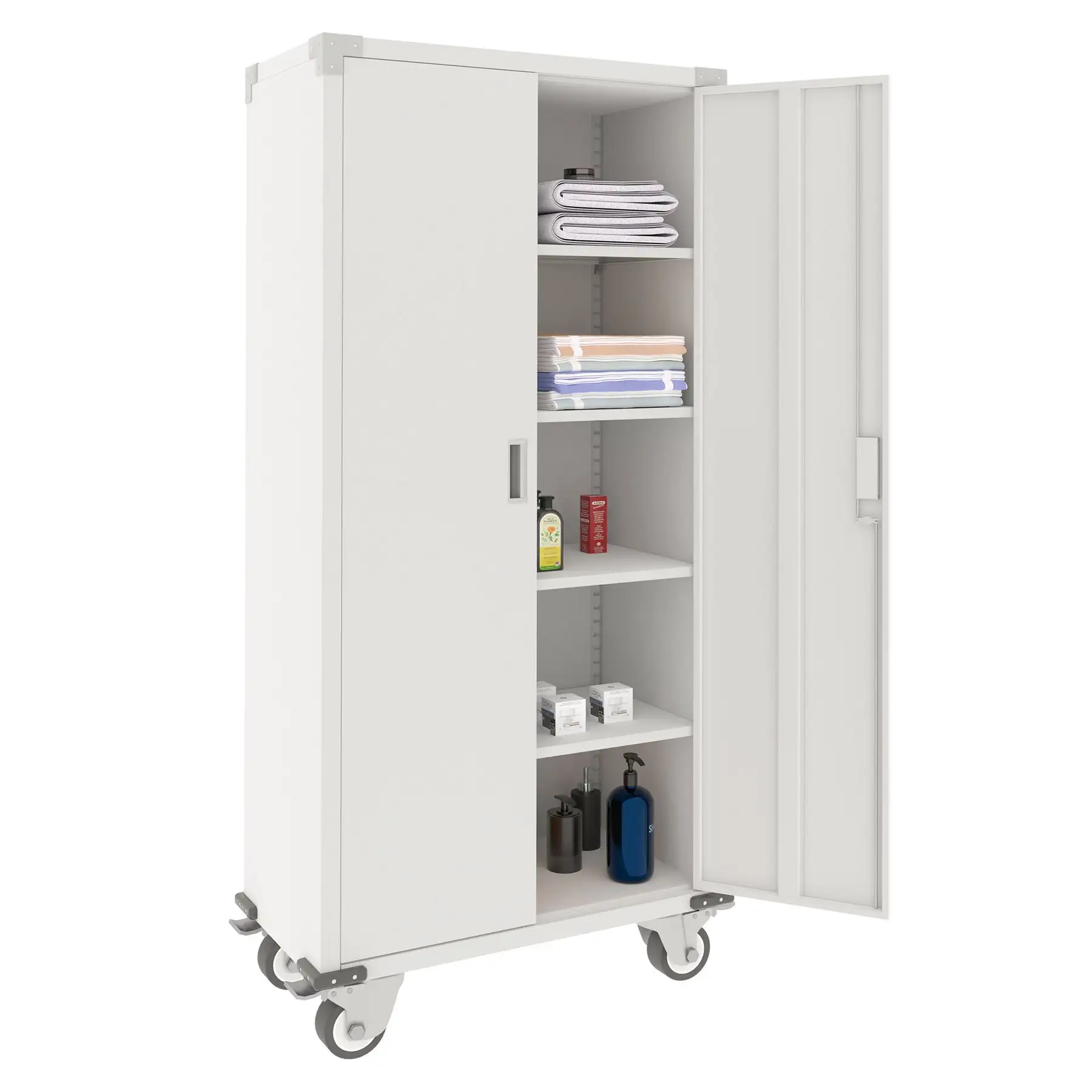 AOBABO 72?? Locking Metal Garage Home Office Storage Cabinet with Wheels, White