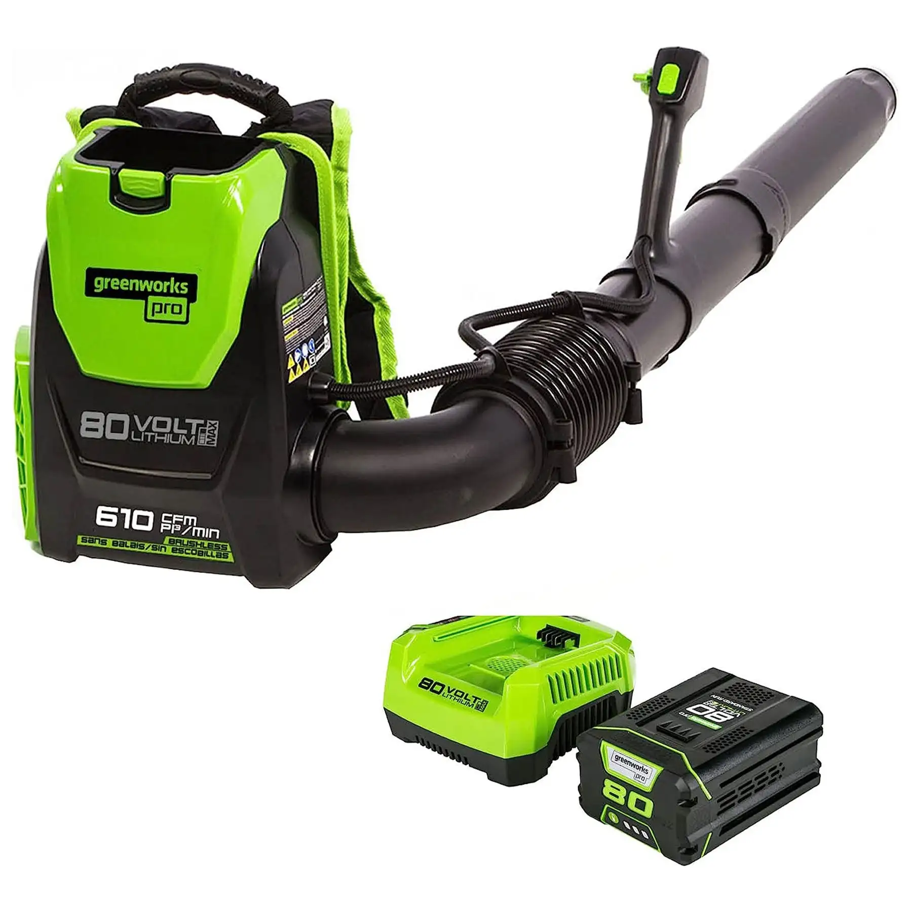 Greenworks Cordless Backpack Blower with 80 Volt 2.5Ah Battery & Charger, Green