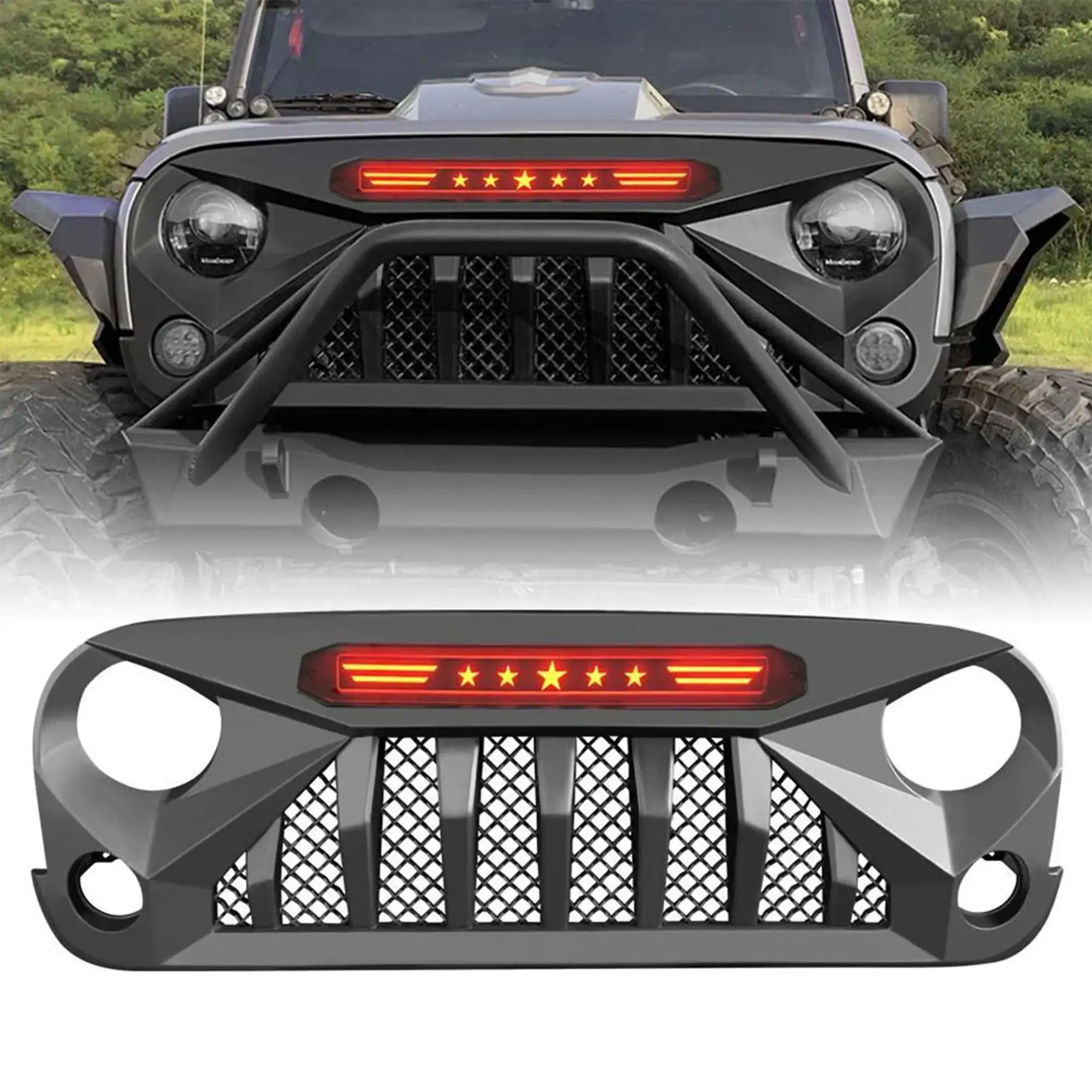 AMERICAN MODIFIED Gladiator Front Grille w/Red Lights for 07-18 Jeep Wrangler JK