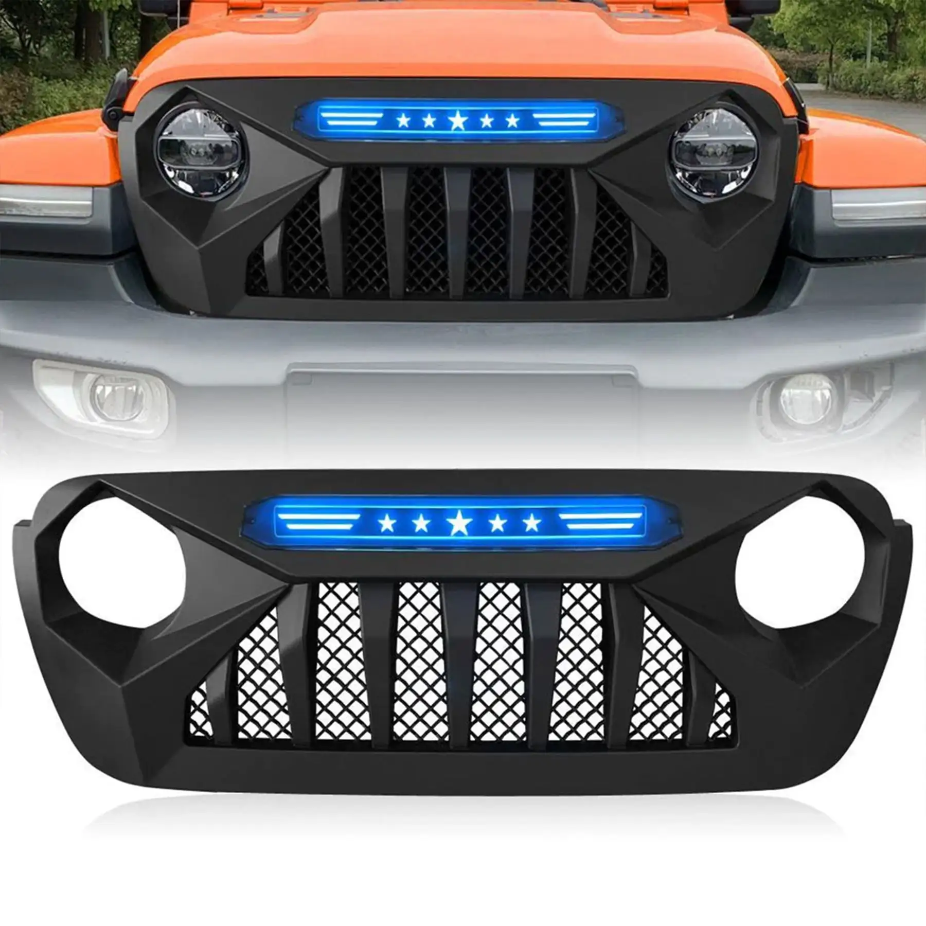 AMERICAN MODIFIED Demon Grille w/ Blue Lights for 18-21 Jeep Wrangler/Gladiator