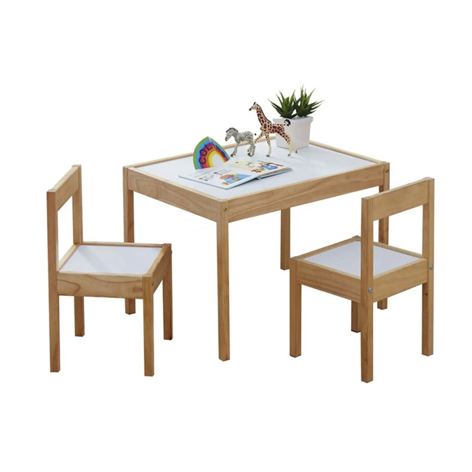 PJ Wood 3 Piece Table and Chairs Set with Natural Finish and Dry Erase Surface