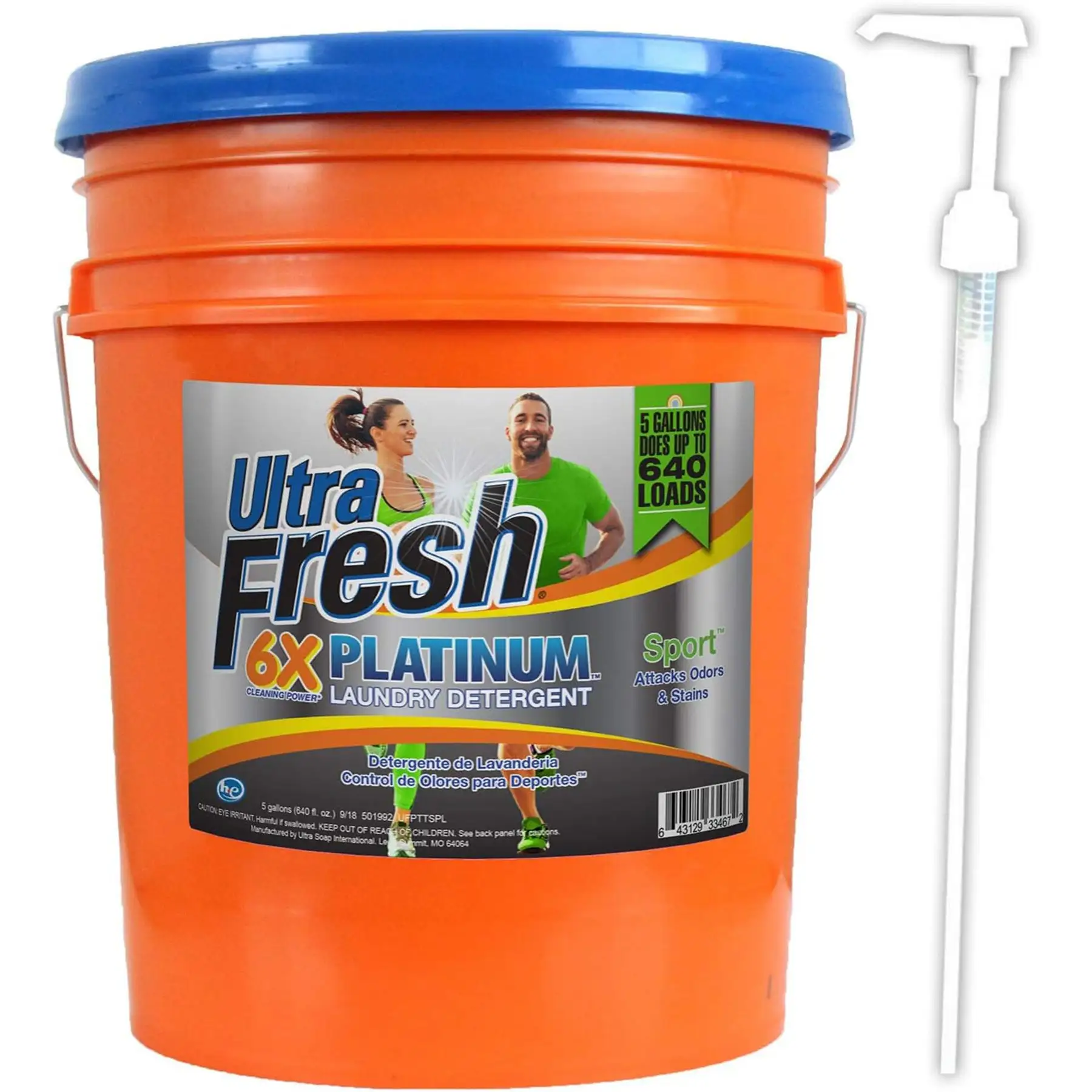 Ultra Fresh 6X Platinum 5 Gallon Sport Laundry Detergent, Up to 640 Loads w/Pump