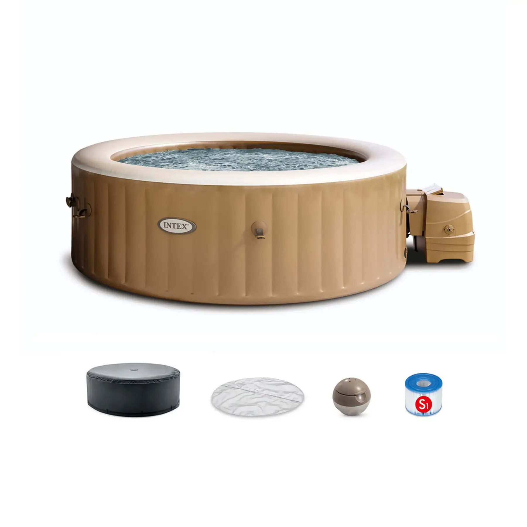 Intex PureSpa 6 Person Bubble Massage Inflatable Hot Tub Spa Set, Sahara Tan