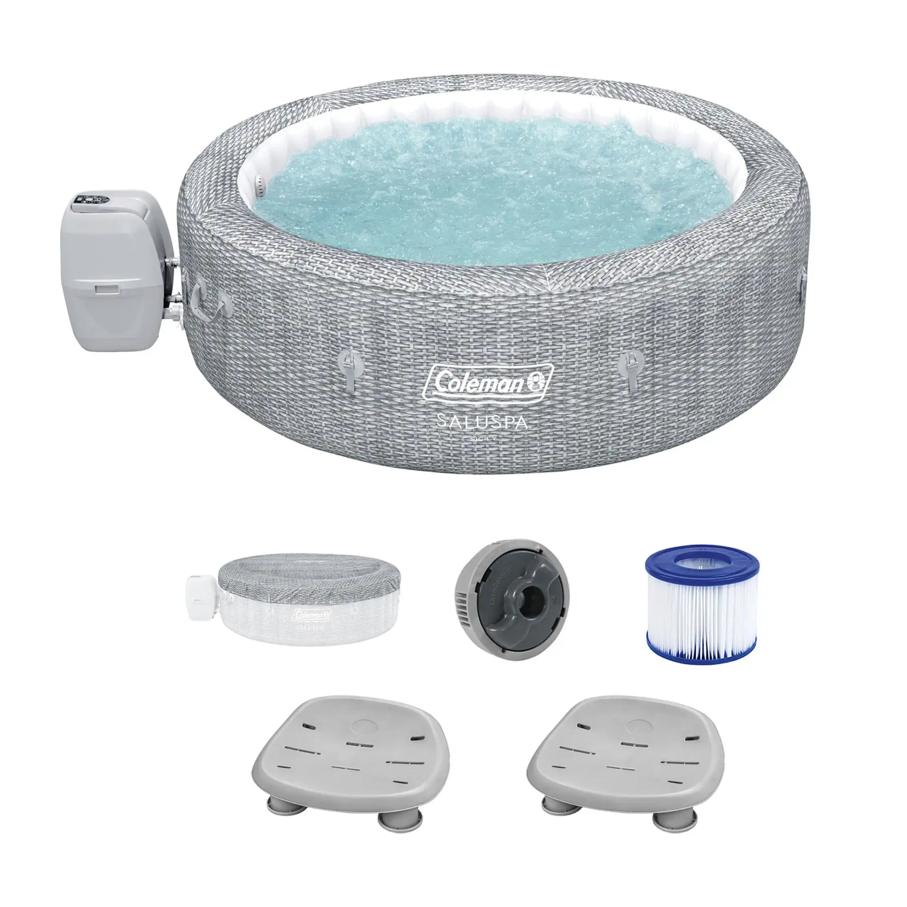 Coleman SaluSpa Sicily AirJet Hot Tub w/Set of 2 Bestway Pool & Spa Seat, Gray