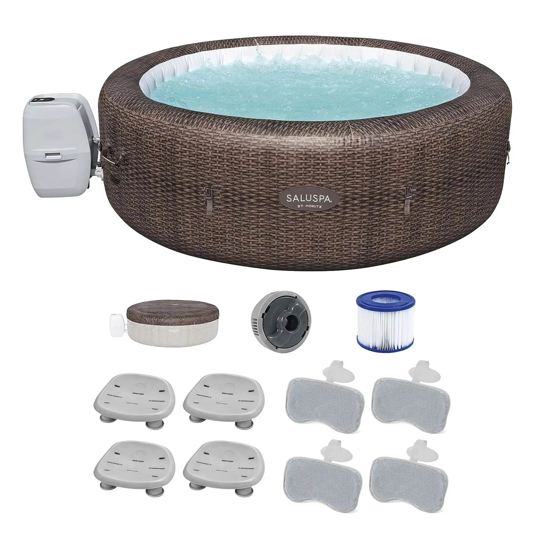 Bestway SaluSpa St Moritz Hot Tub w/Set of 4 Spa Seat & 4 Padded Pillows, Brown