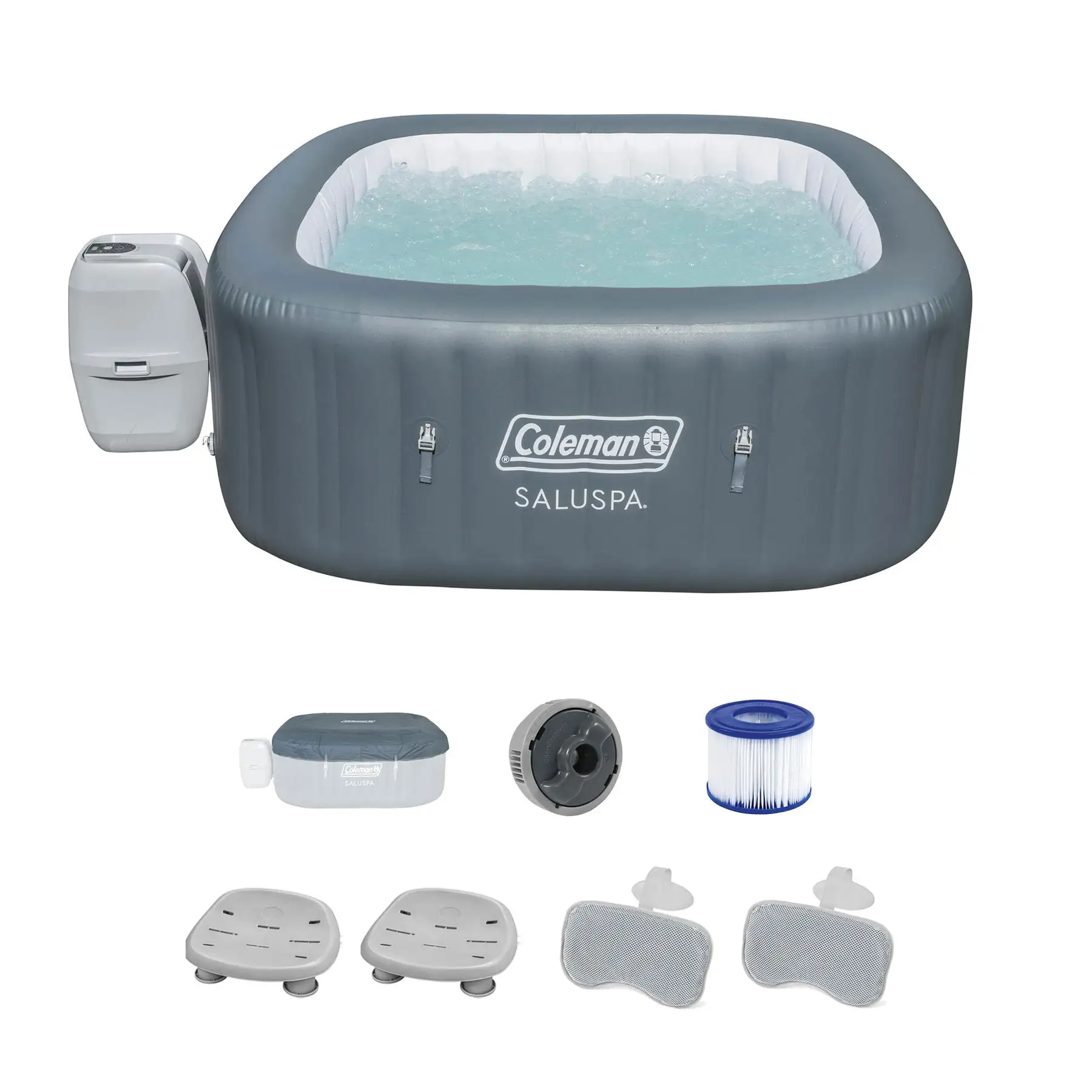 Coleman SaluSpa Square Hot Tub w/2Pack Bestway SaluSpa Seat & 2 Headrest Pillows