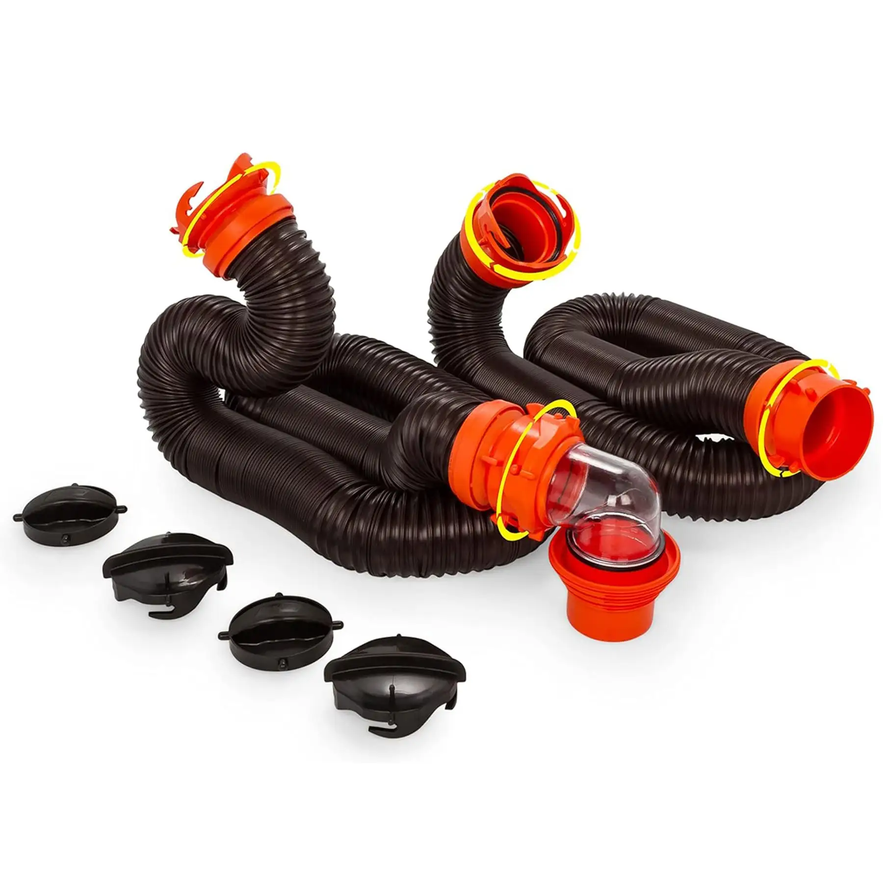 Camco RhinoFLEX 20?? RV Sewer Hose Kit w/ Removable 4 in 1 Adapter, Black/Orange