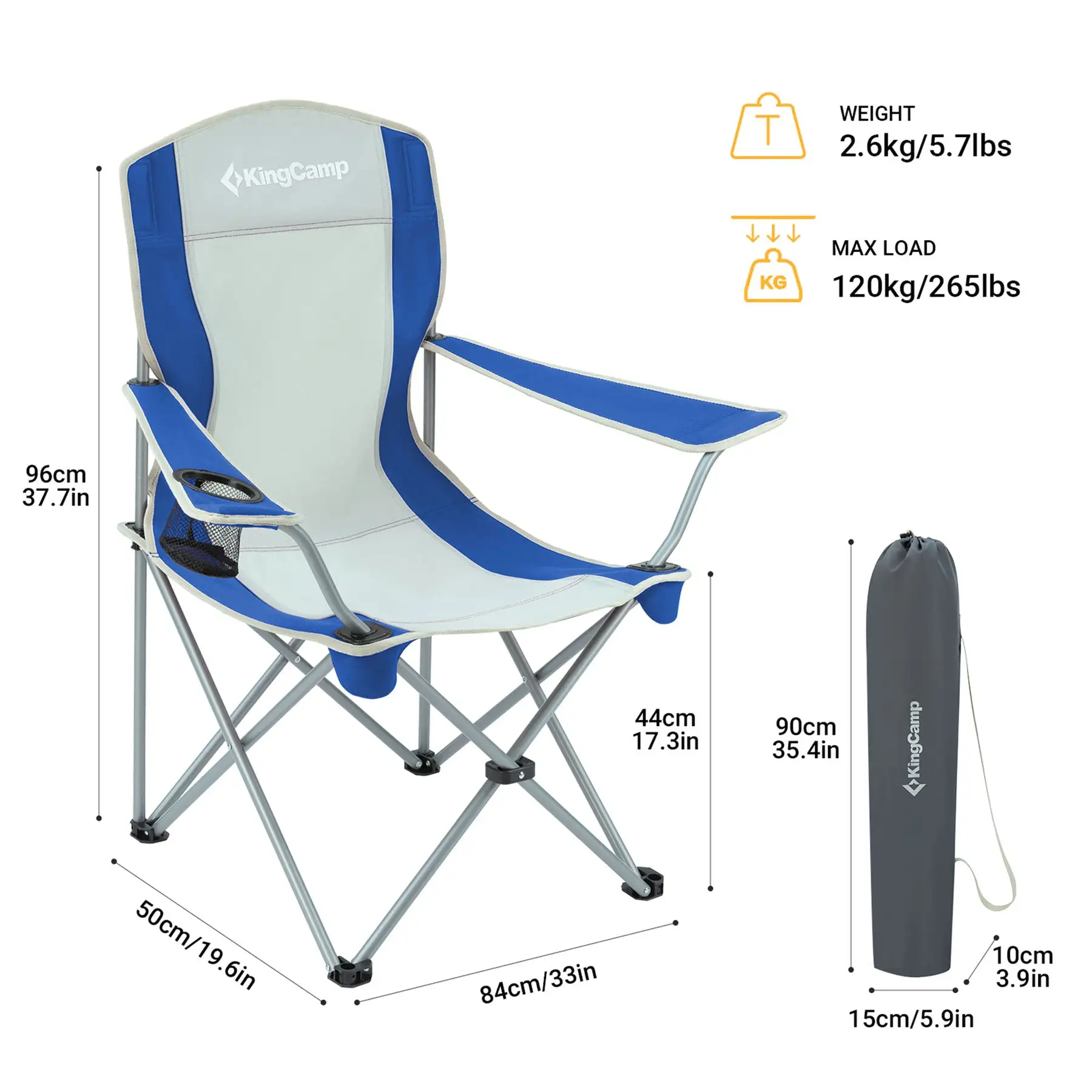 KingCamp Portable Folding Chair with Mesh Cup Holder and Carry Bag, Blue/Gray (2 Pack)