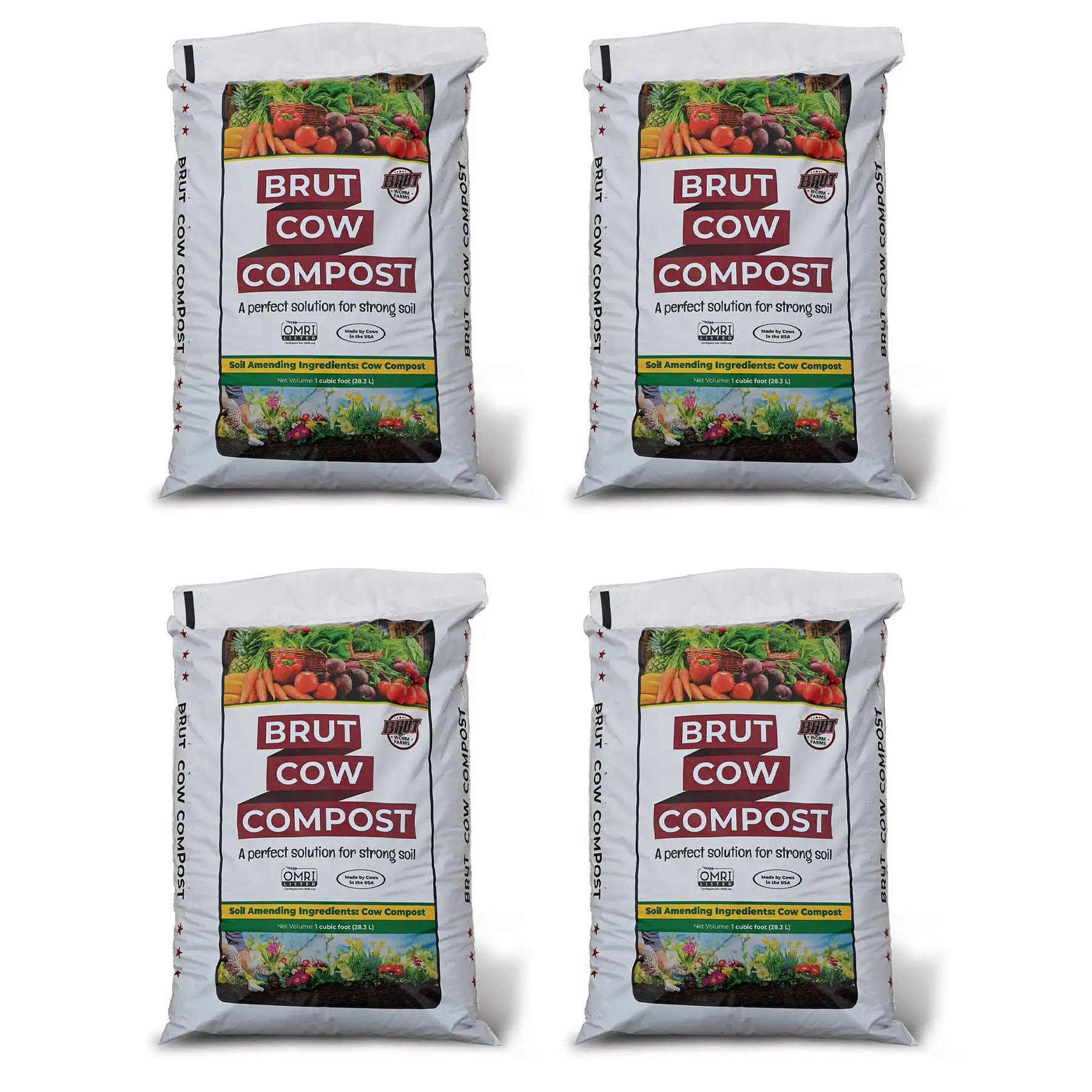 Brut Organic 1 Cu Ft Pure Nutrient Rich Garden Enhancer Cow Compost, (4 Pack)