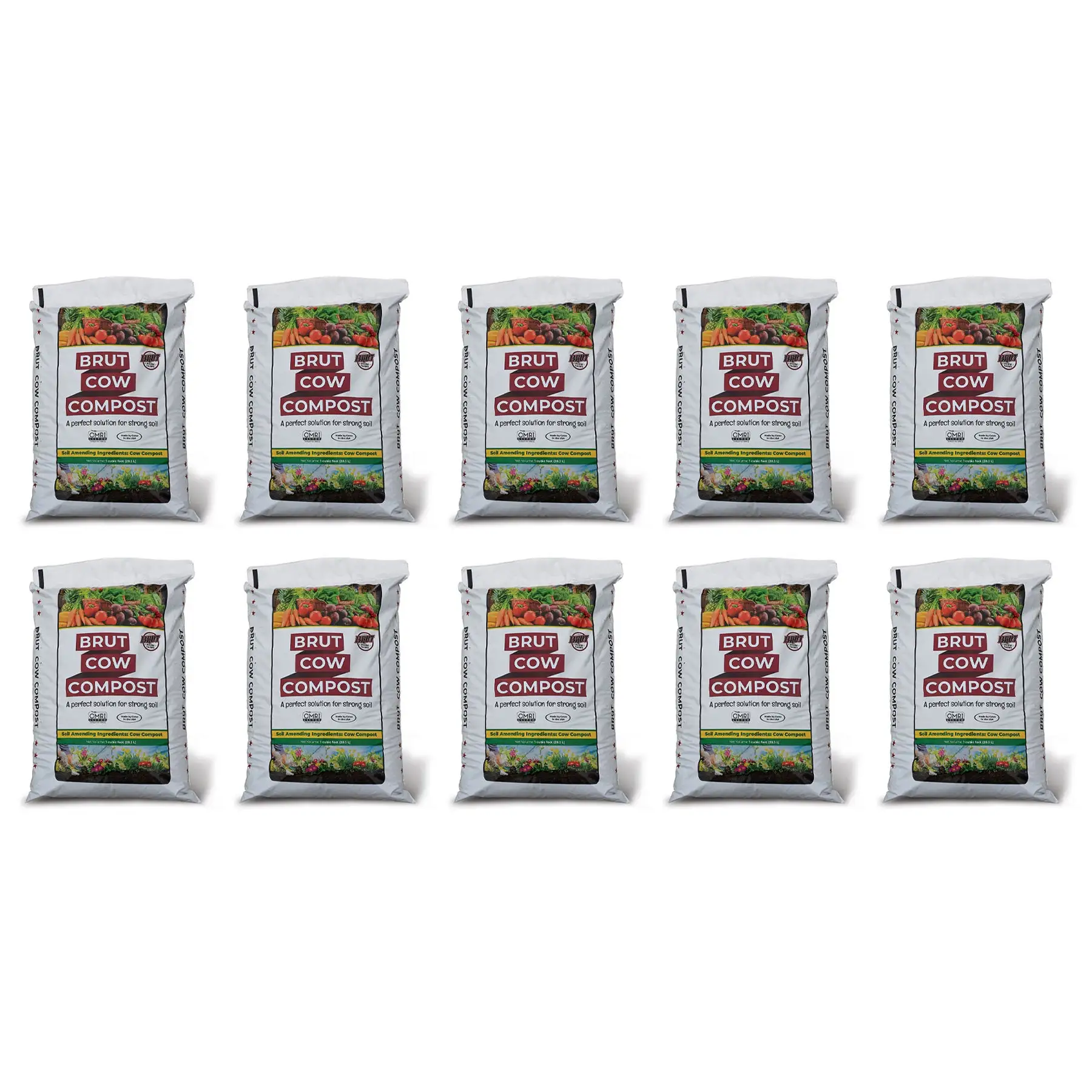 Brut Organic 1 Cu Ft Pure Nutrient Rich Garden Enhancer Cow Compost, (10 Pack)