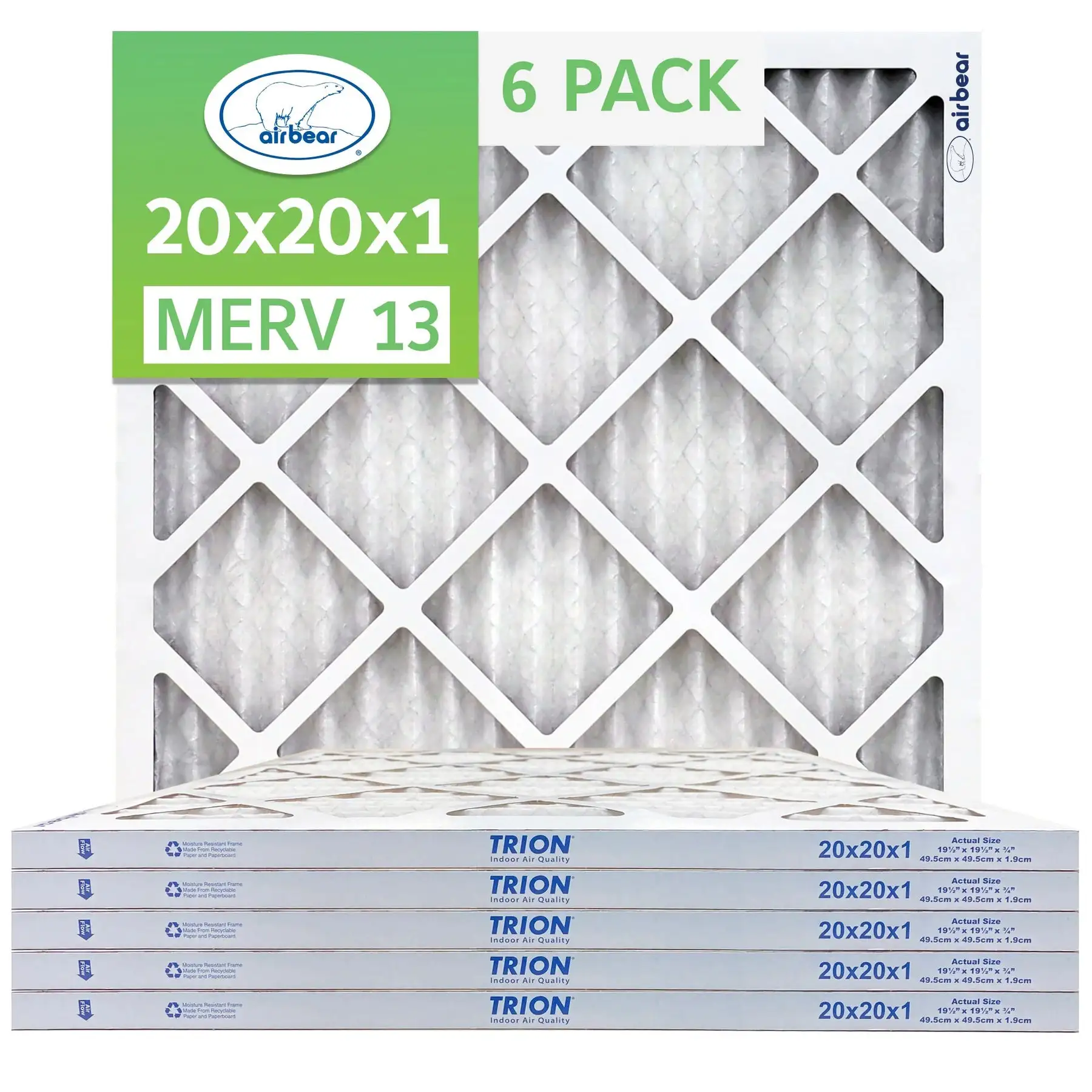 Trion MERV 13 Air Bear 20 x 20 x 1" High Efficiency Pleated HVAC Filter, 6 Pack