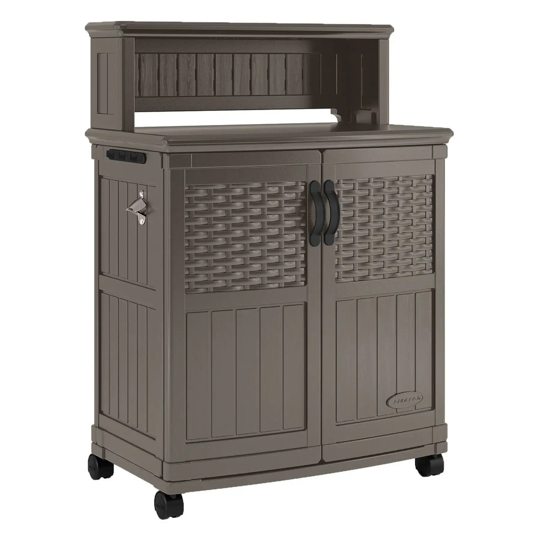 Suncast Patio Plastic Storage and Prep Station with Wicker Pattern, Stoney Gray