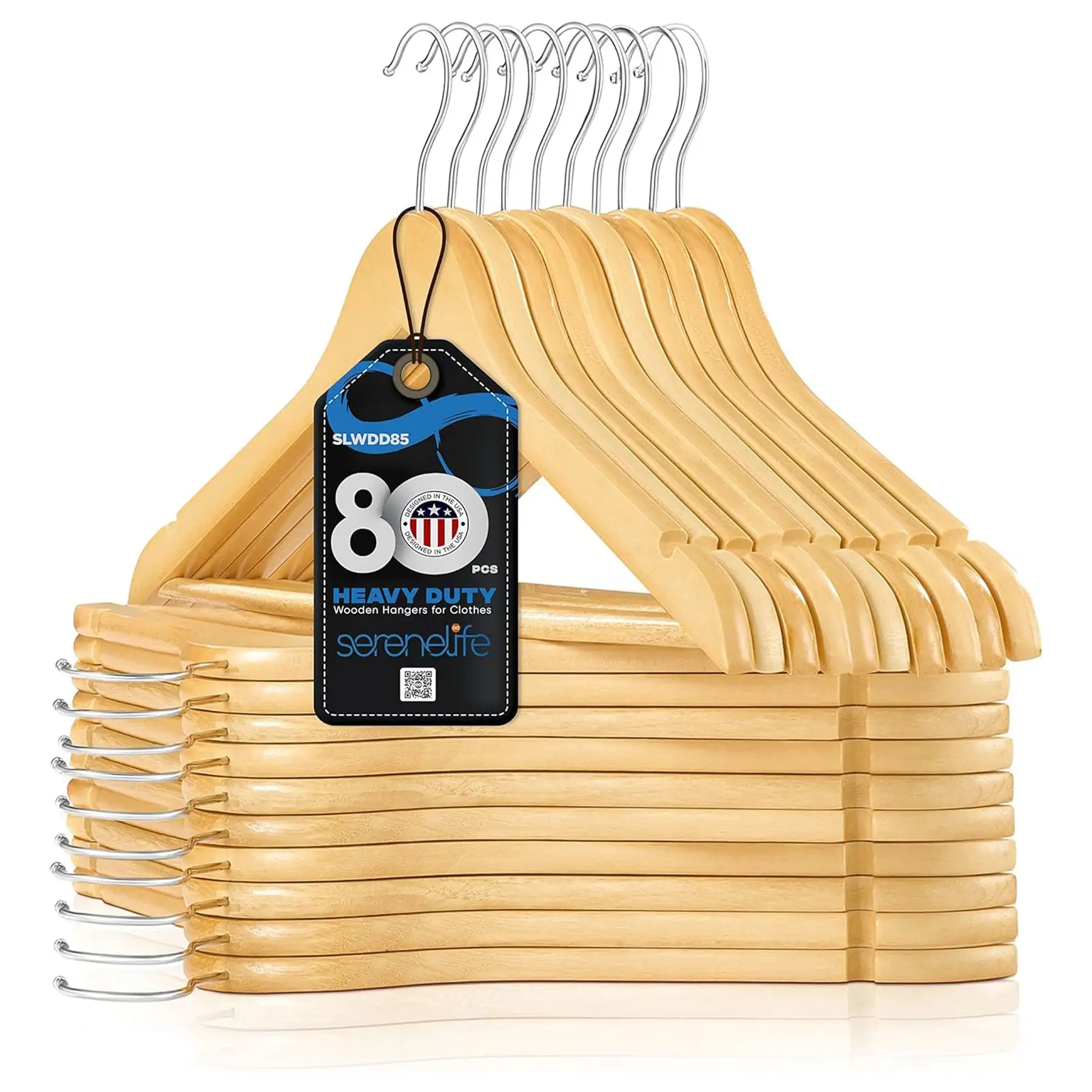 Serenelife 80 Piece Solid Wooden Heavy Duty Notched Suit Hangers, Natural Wood