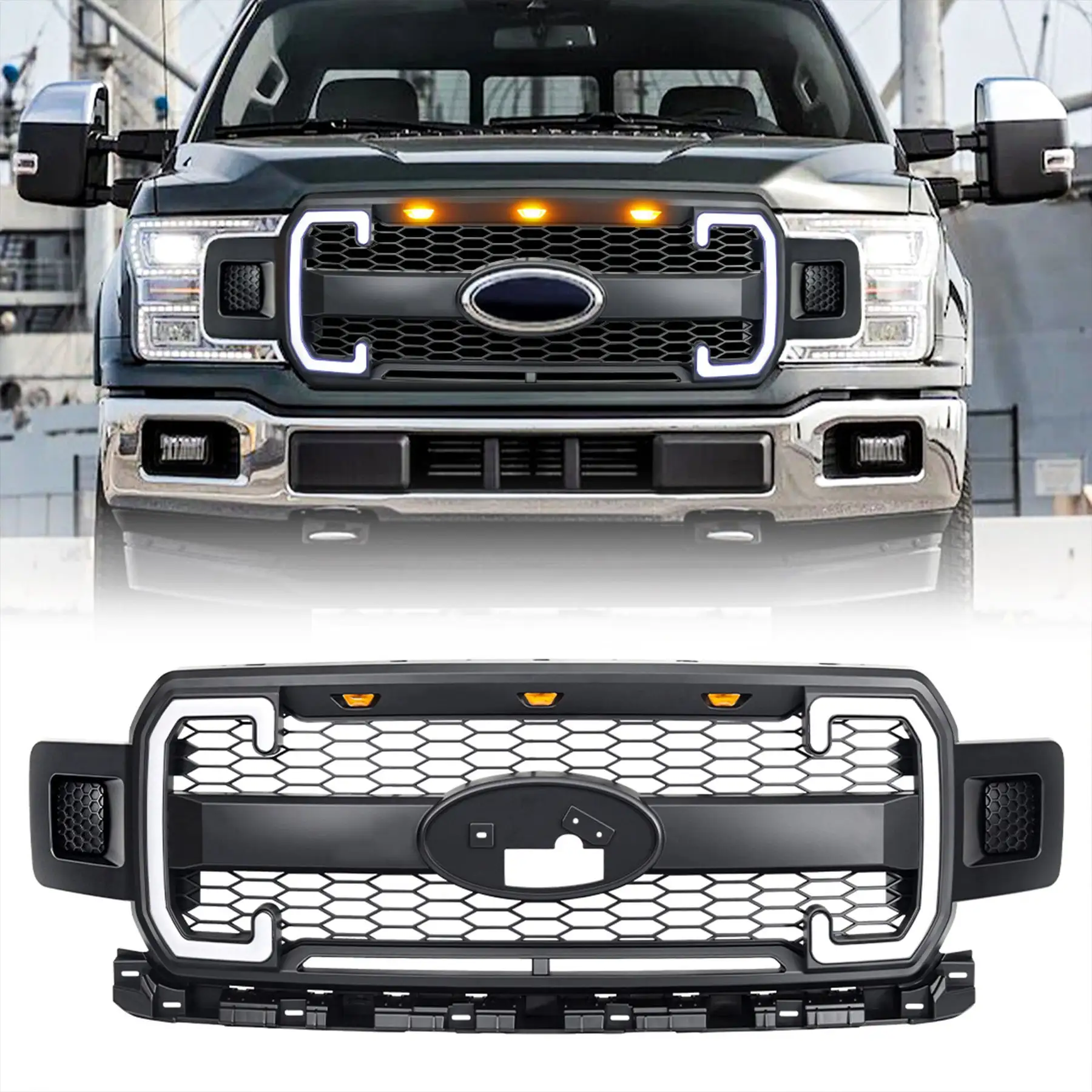 AMERICAN MODIFIED Raptor Style Mesh Grille for 2018-2020 Ford F150, Matte Black