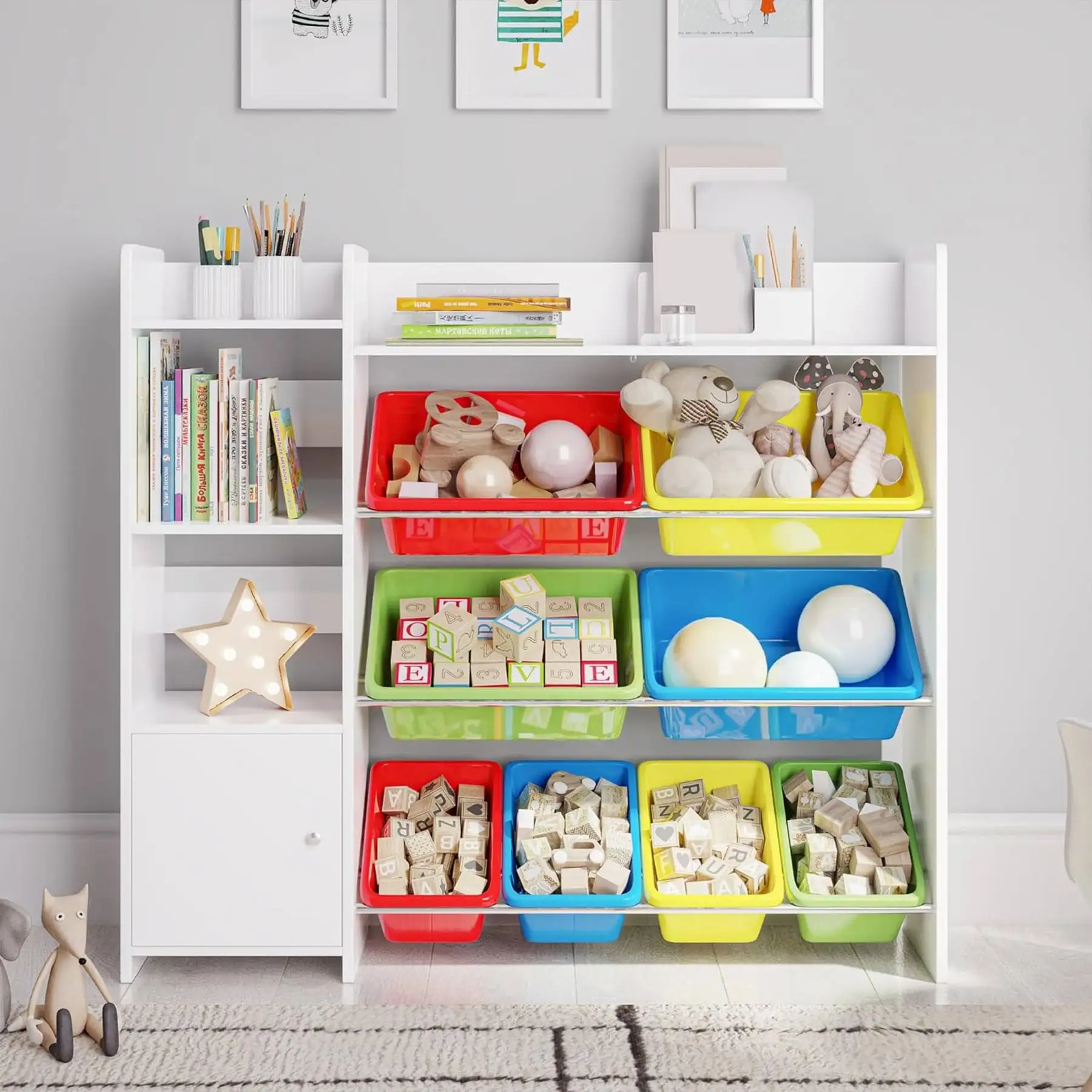 Sturdis Kids Toy Storage Organizer with Bookshelf, Top Shelf and 8 Colorful Bins