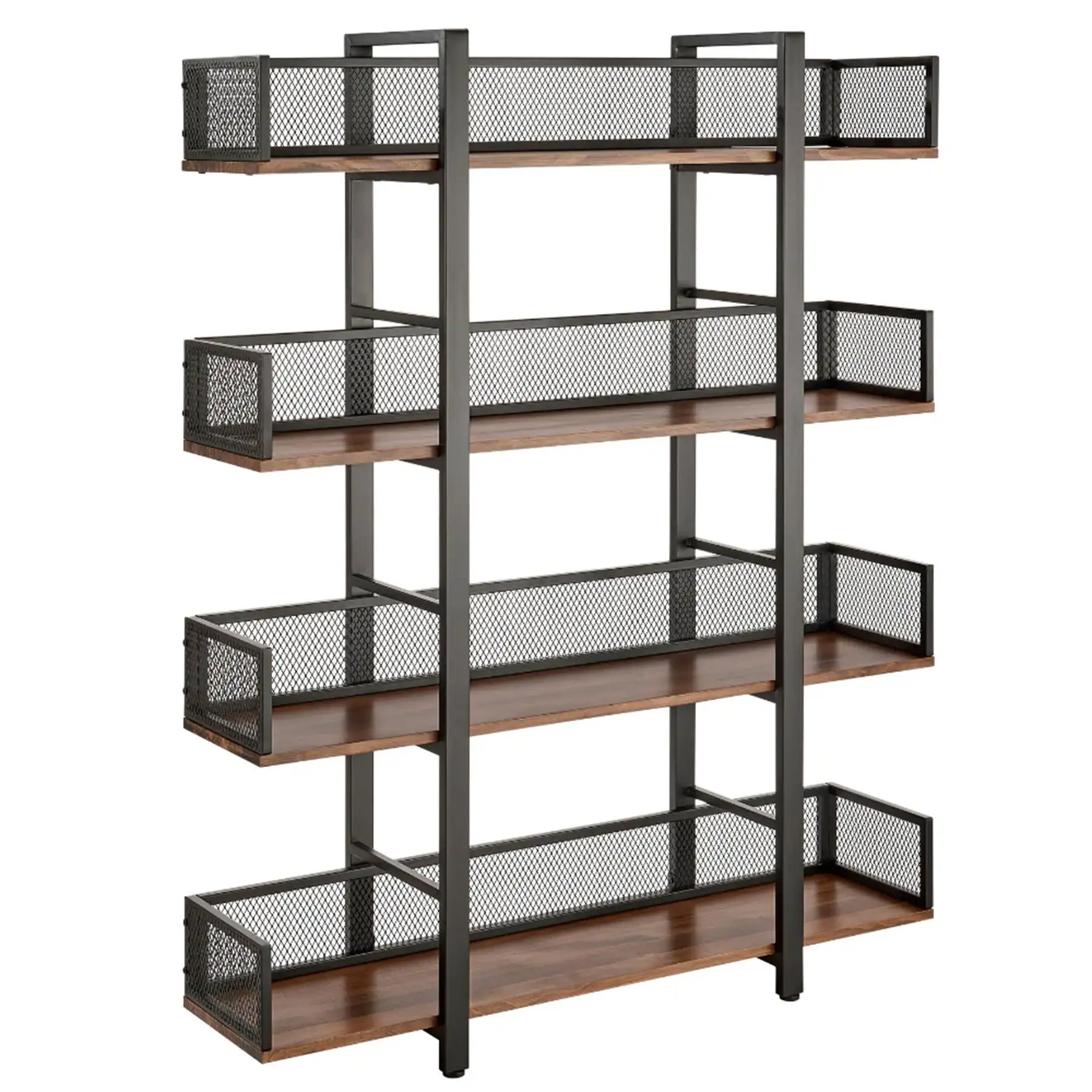 Sturdis 4 Tier Solid Wood Metal Industrial Bookshelf with Mesh Barriers, Black