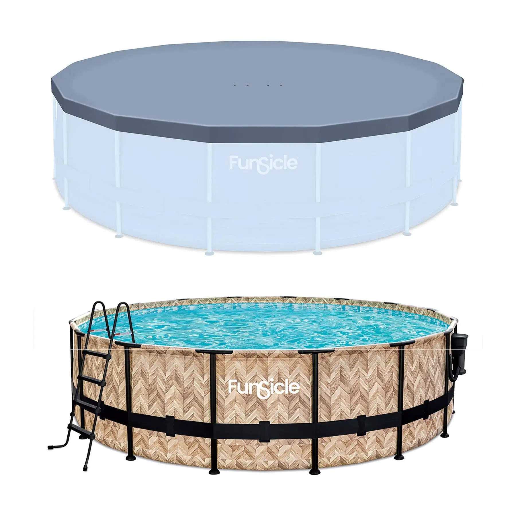 Funsicle 16' x 48" Oasis Round Frame Swimming Pool w/ 16' Cover, Oak Herringbone