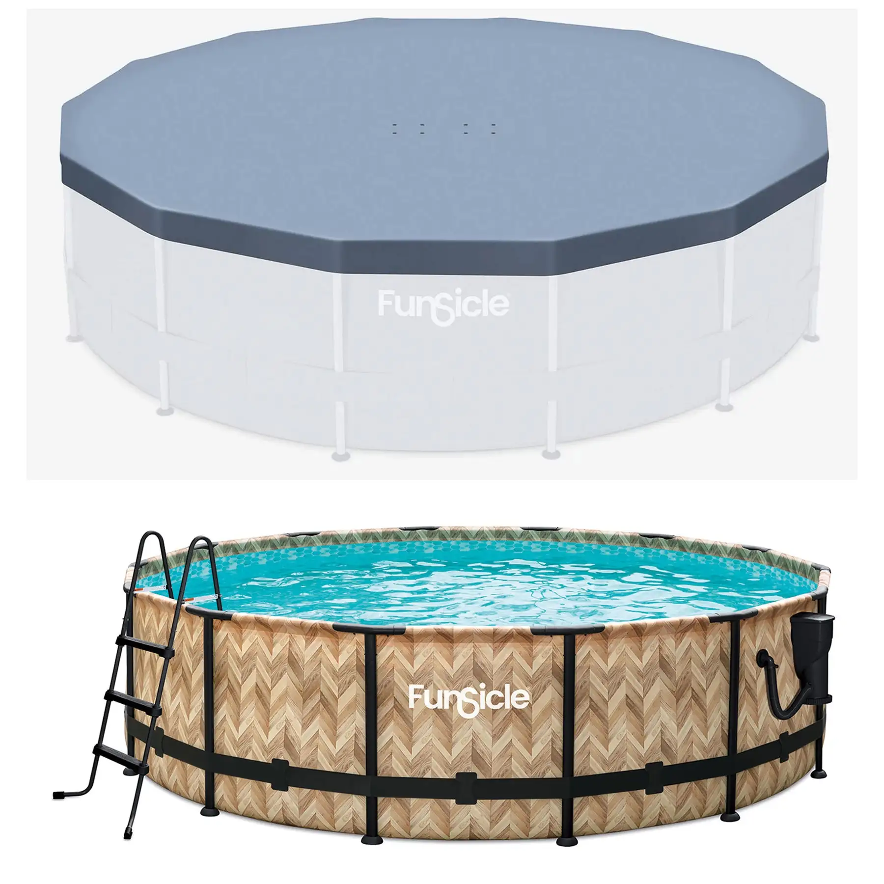 Funsicle 14'x42" Oasis Round Swimming Pool w/ 14' Debris Cover, Oak Herringbone