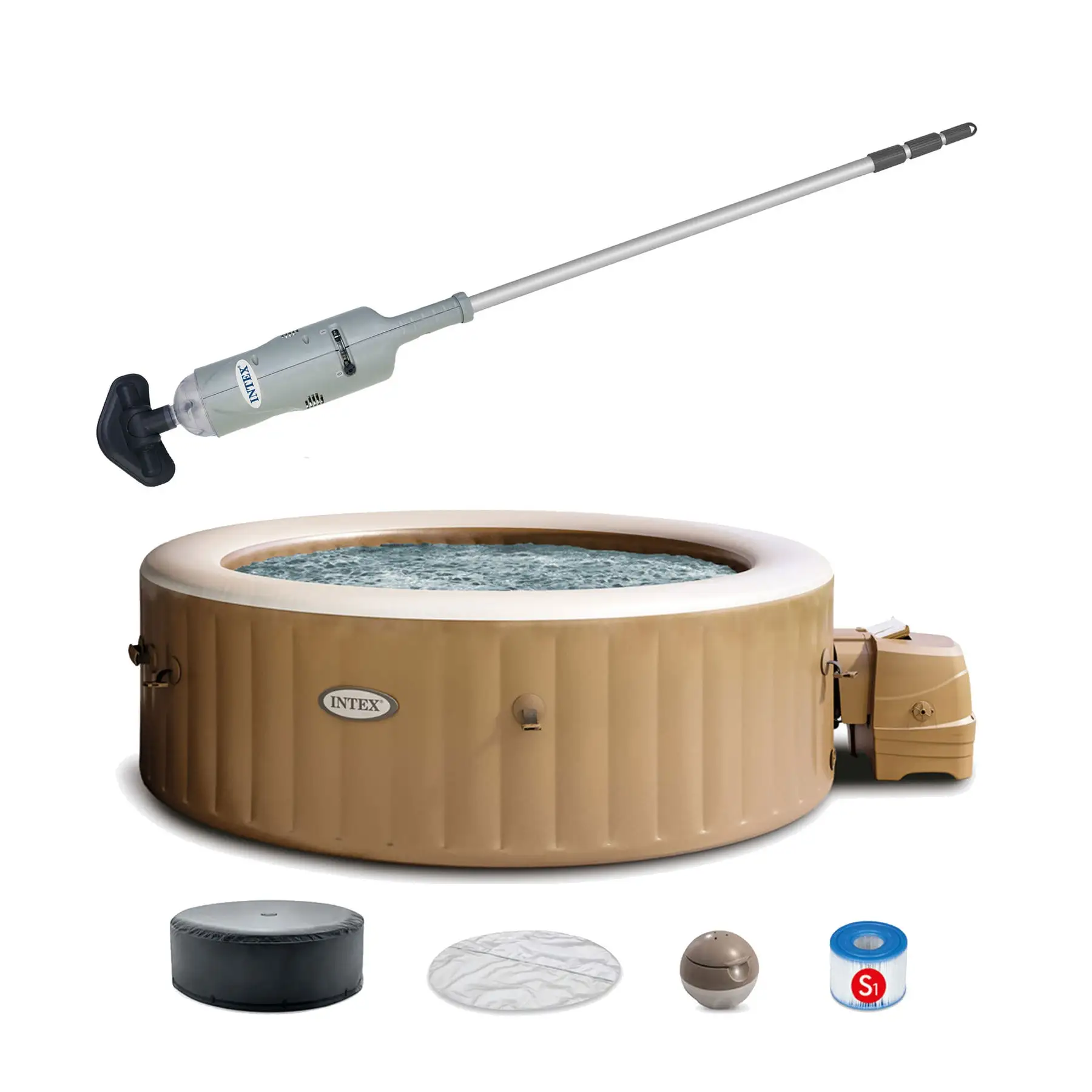 Intex Handheld Pool Vacuum with PureSpa 6 Person Inflatable Hot Tub, Sahara Tan